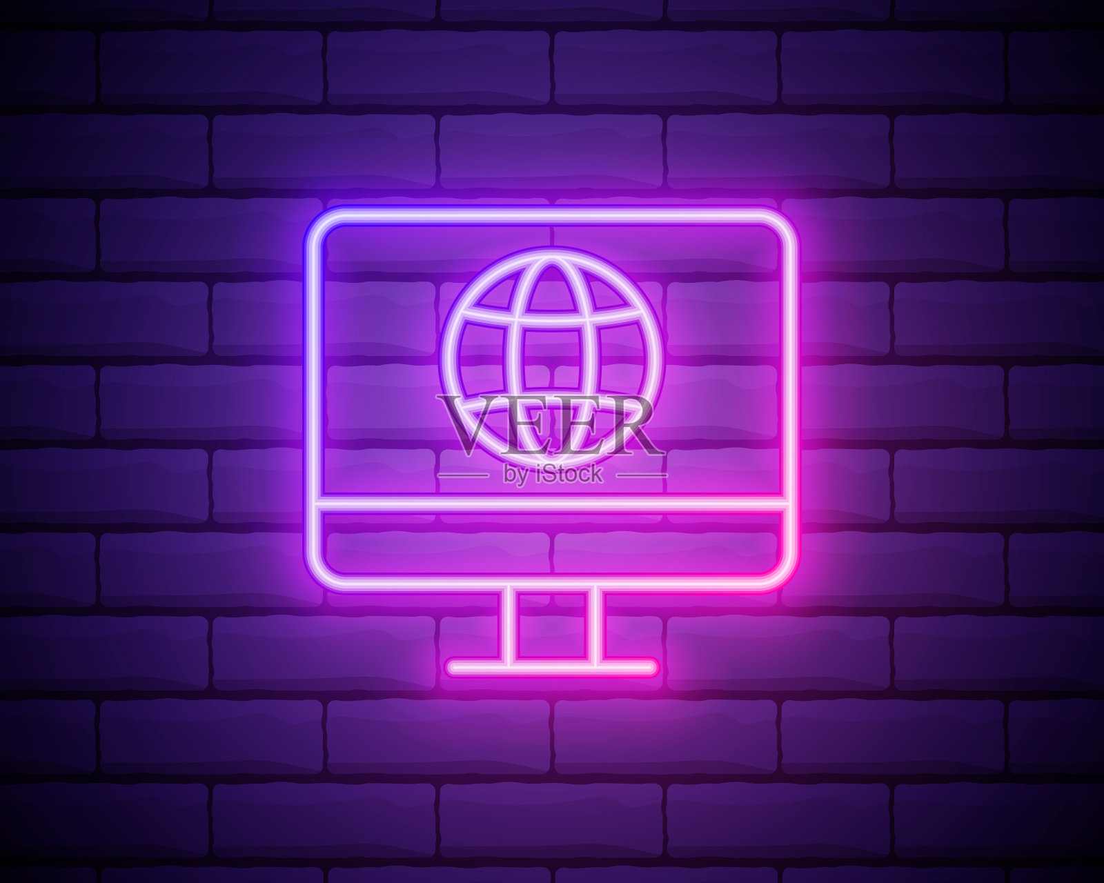 电脑在网络霓虹图标。社交媒体网络设置的要素。简单的图标为网站,网页设计,移动应用程序,信息图形孤立的砖墙插画图片素材