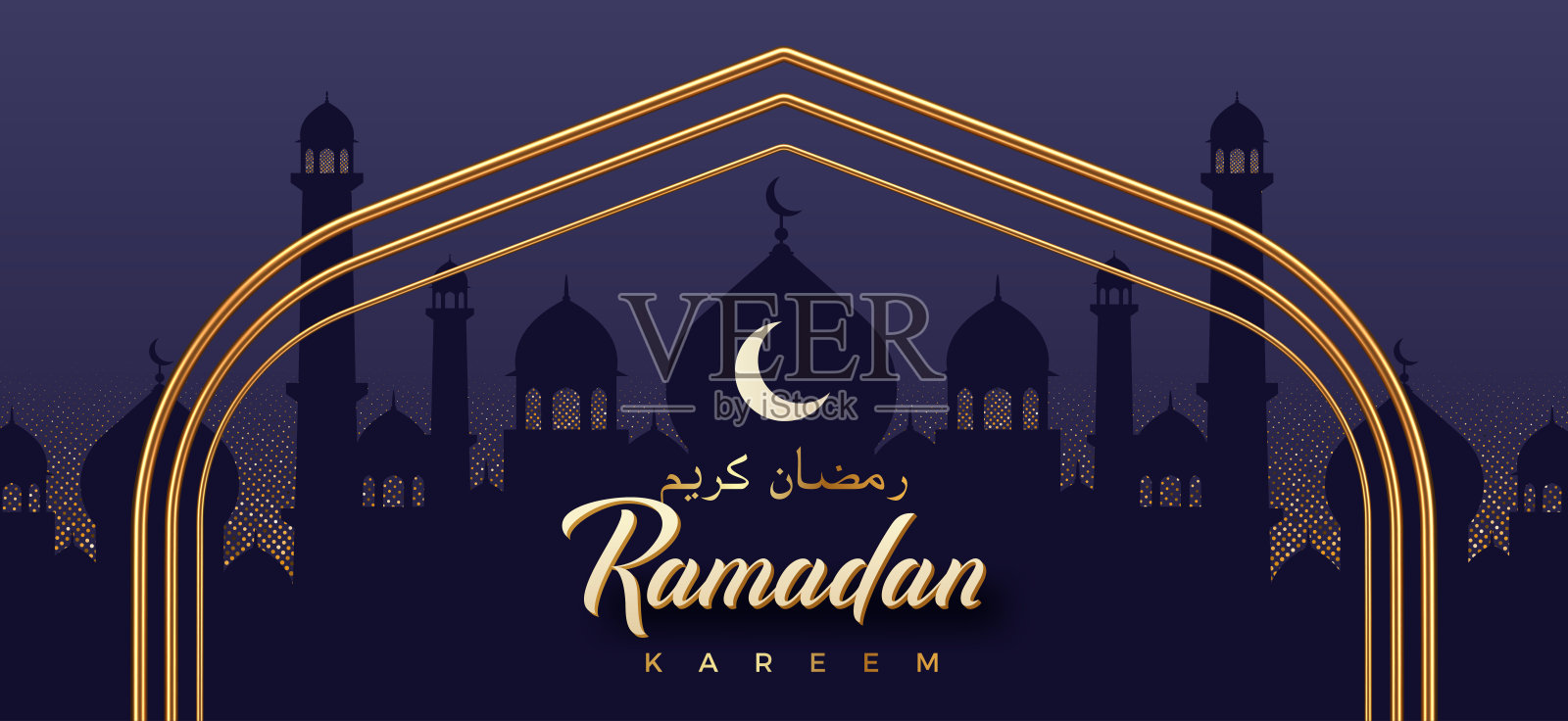 斋月卡里姆贺卡。设计与斋月问候文字和金色拱门的背景与清真寺剪影。书法意味着斋月卡里姆。矢量插图。插画图片素材