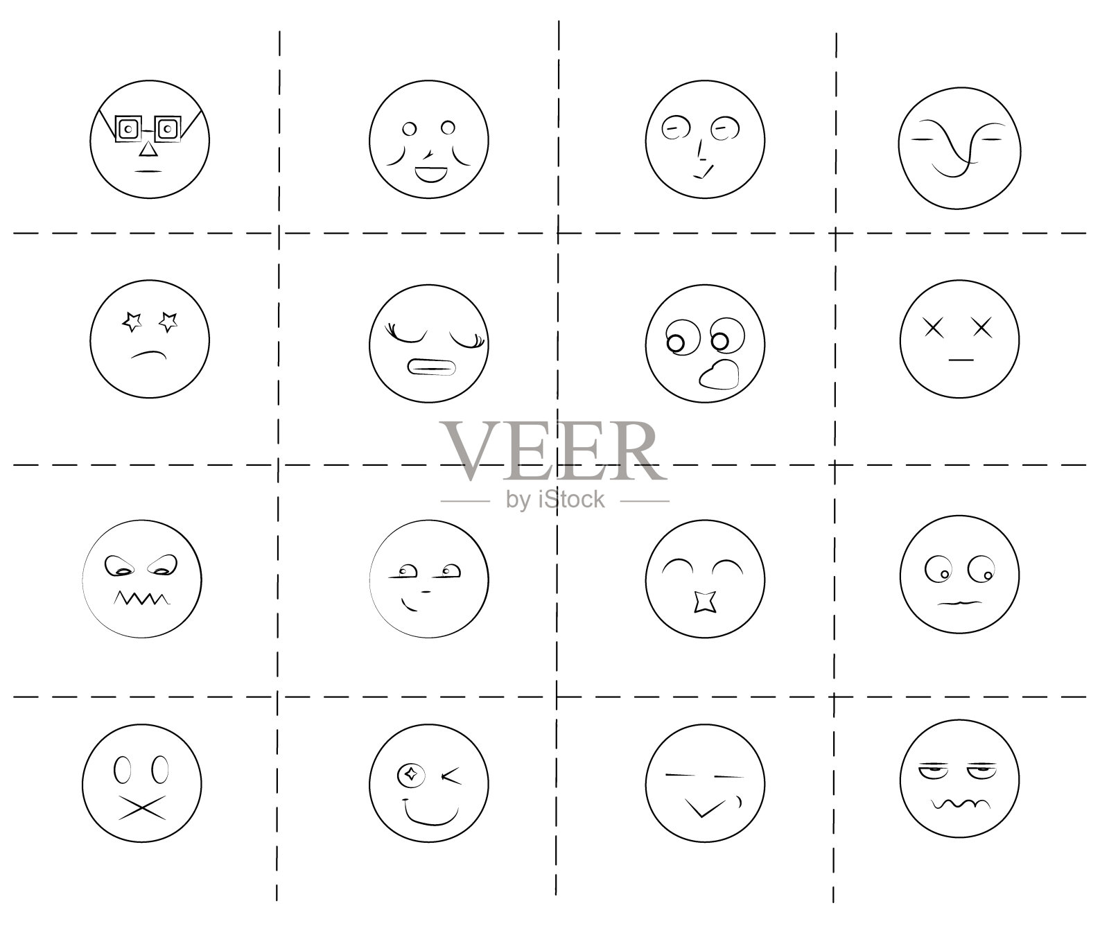 一套16个有趣表情符号,表达不同情绪图标素材