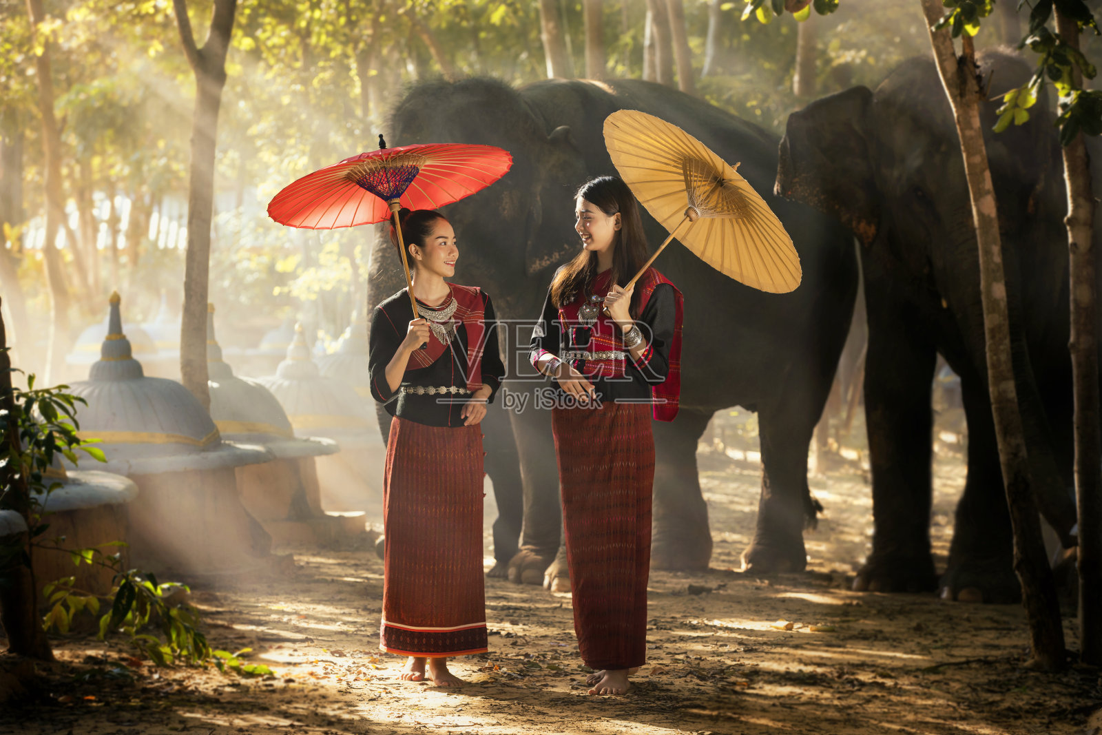 两个拿着雨伞的年轻女人和一头大象。丛林里的美女和大象。泰国素林。照片摄影图片