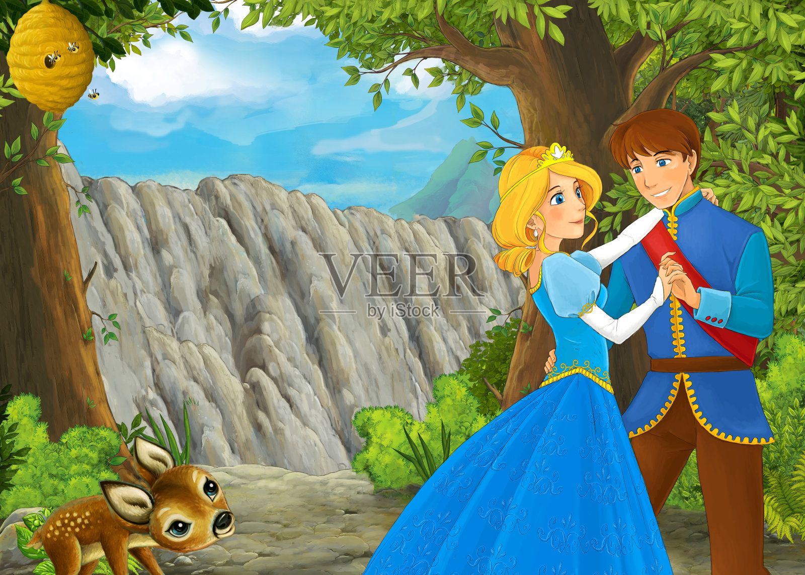 卡通自然景观与美丽的城堡与王子和公主插图插画图片素材
