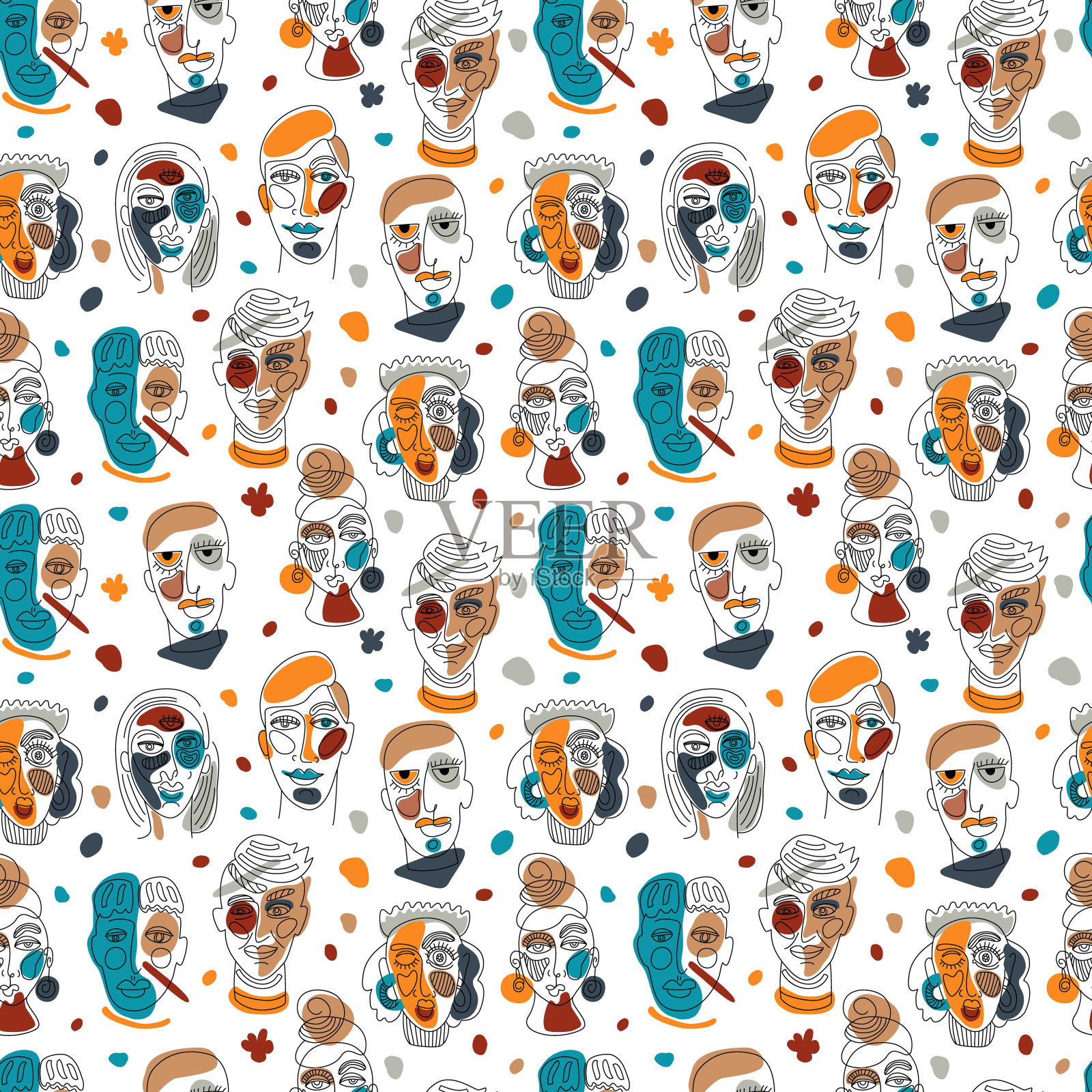 现代抽象的脸。当代女性男性剪影。手绘大纲时尚插图。连续的线条,简约的概念。白色上的无缝图案。插画图片素材