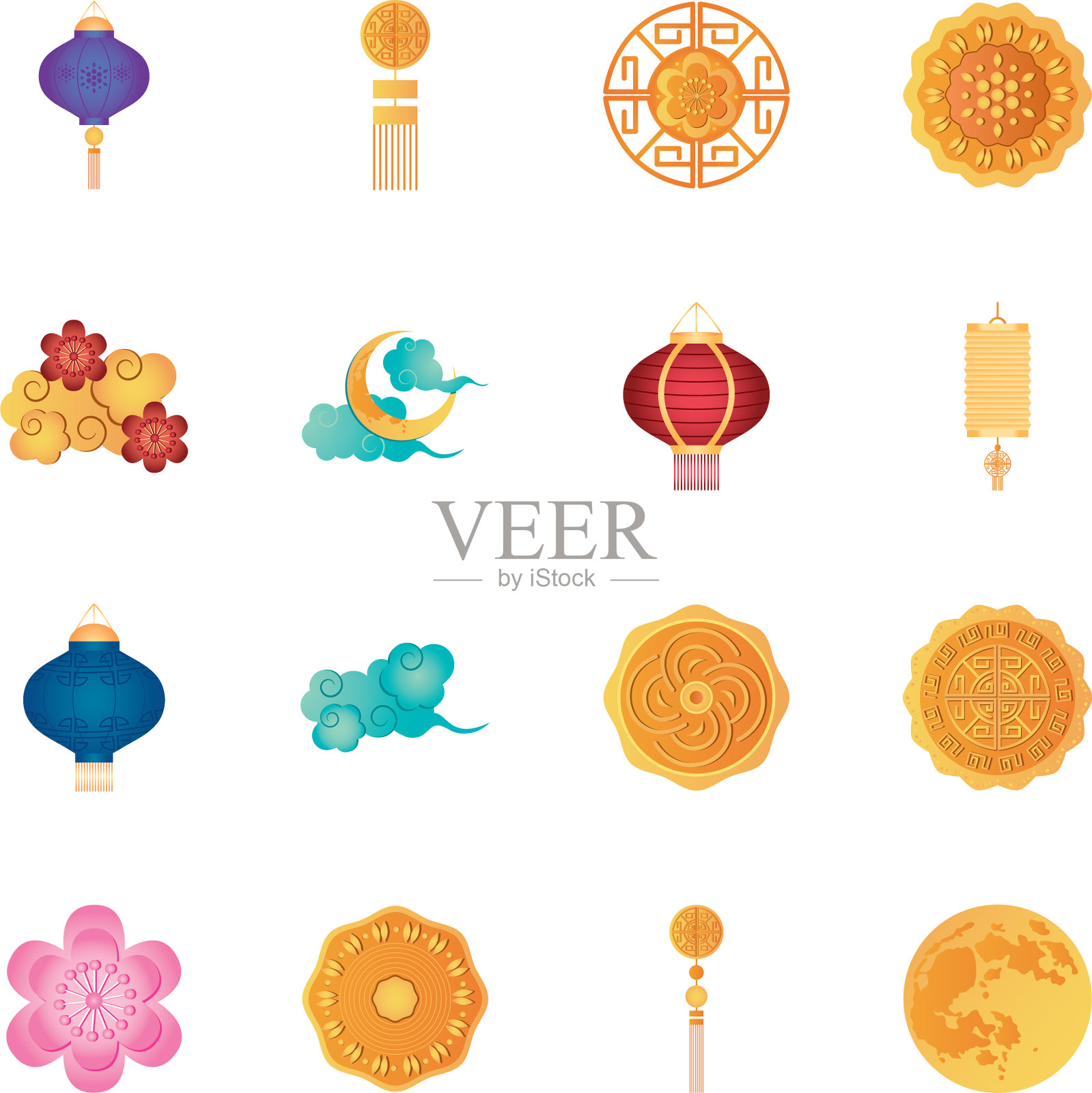 中国的灯笼和中秋节的图标设置详细插画图片素材