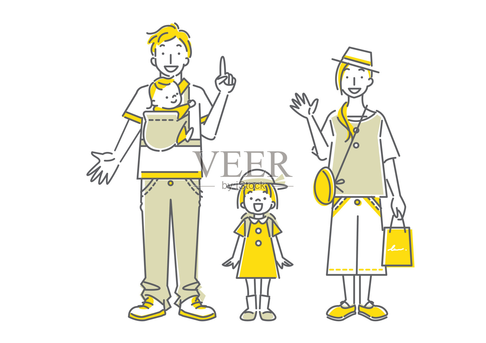 幸福家庭旅游,简单线条艺术插画图片素材