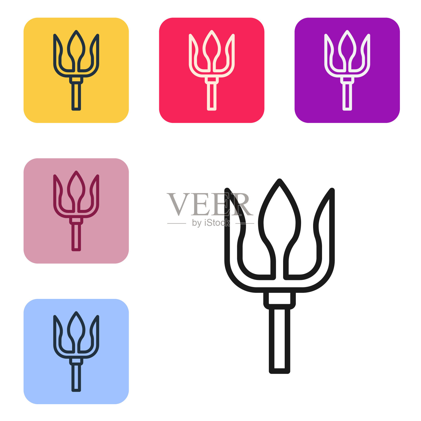 黑线海王星三叉戟图标孤立在白色背景。设置图标为彩色方框按钮。向量图标素材