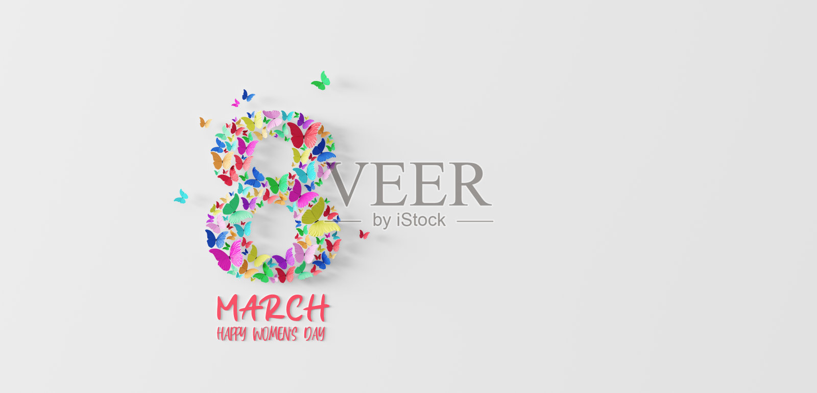 3月8日妇女节贺卡与彩色蝴蝶在白色的背景上3d渲染照片摄影图片