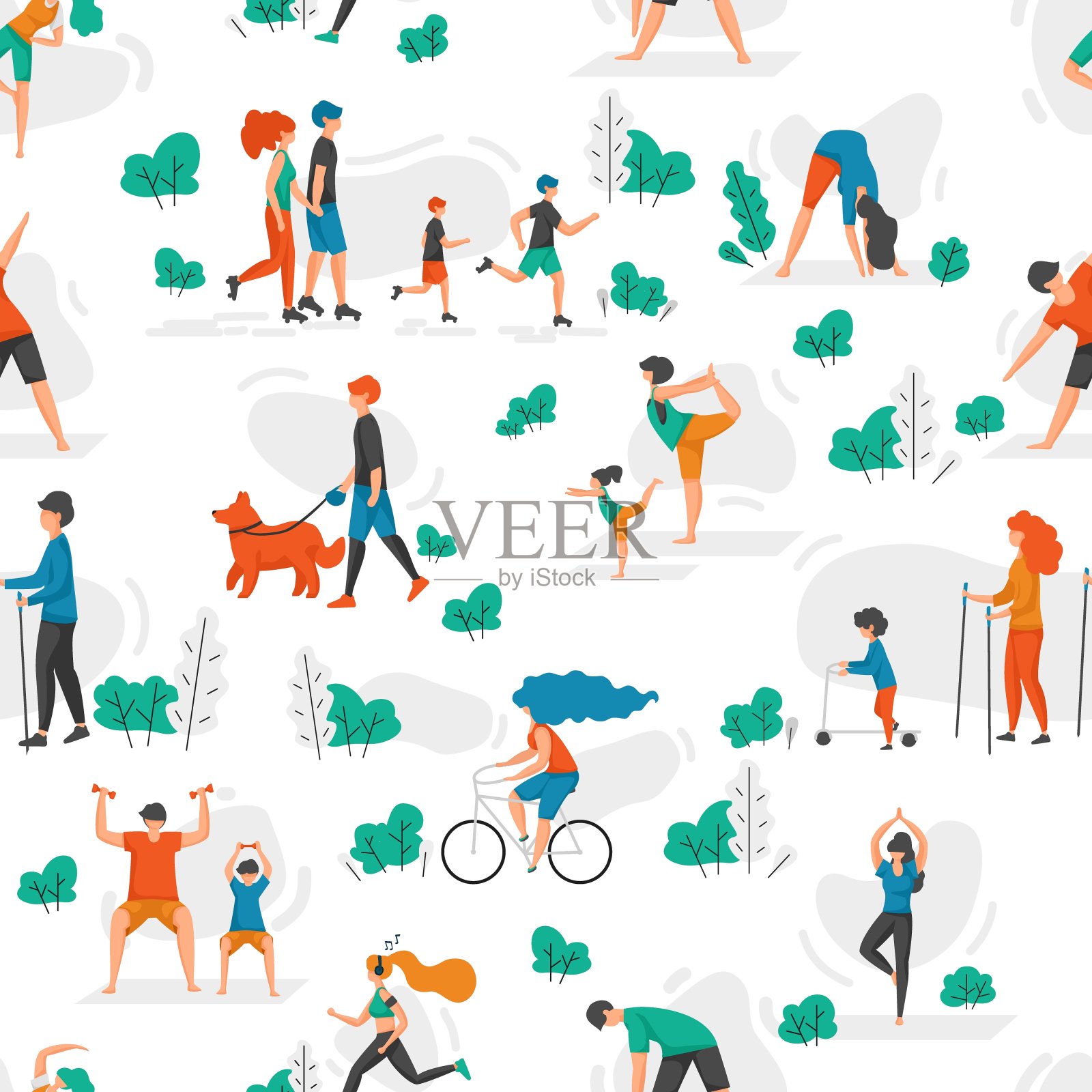 健康的人的模式。卡通人物做体育活动,过健康的生活。无缝纹理与运动家庭。男男女女在户外训练。矢量模型的纺织品插画图片素材