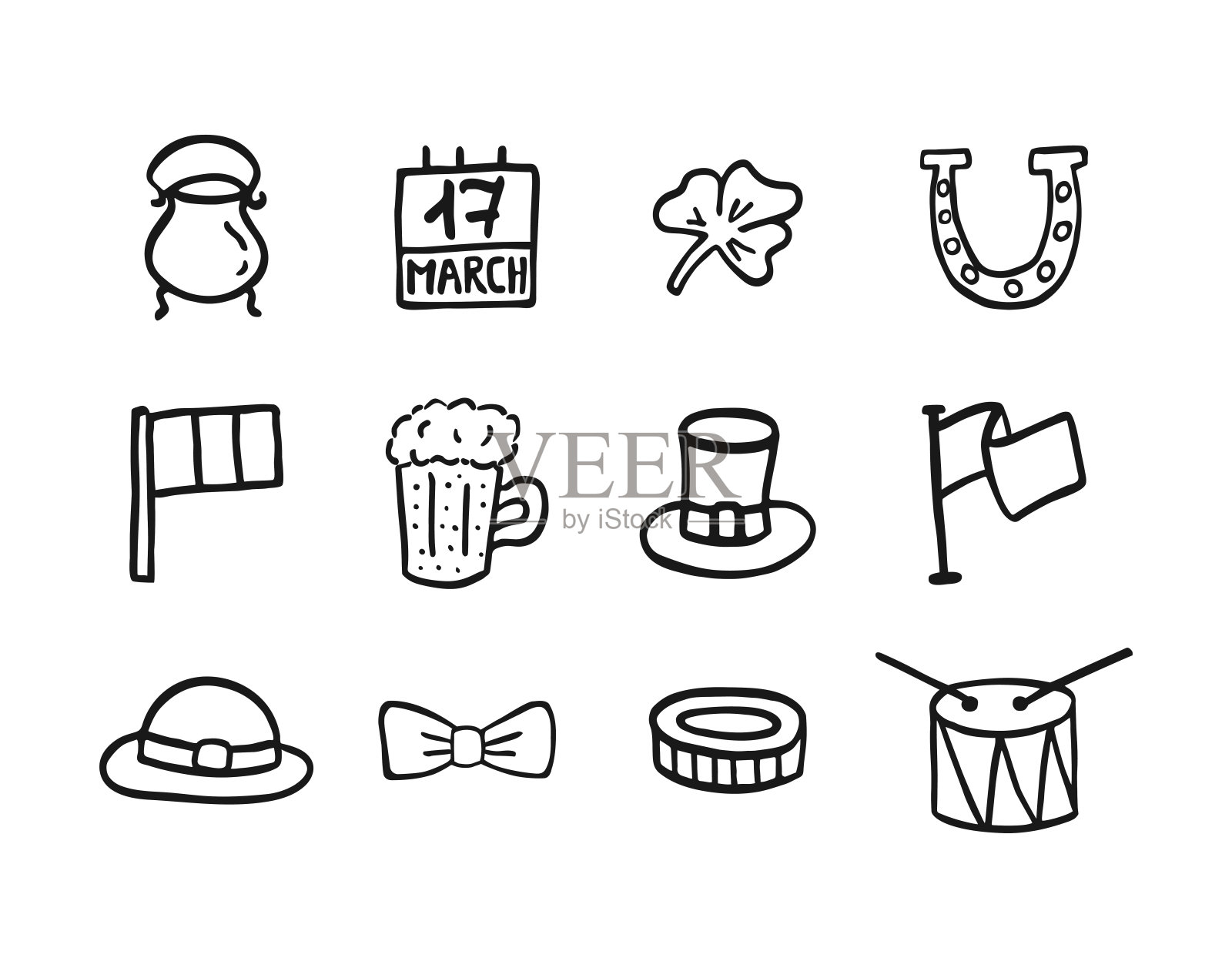 一组矢量图标为圣帕特里克节。在白色背景上手绘孤立的图片。3月17日庆祝。苜蓿,啤酒,爱尔兰国旗,硬币,鼓,水壶,帽子,小妖精的物品图标素材