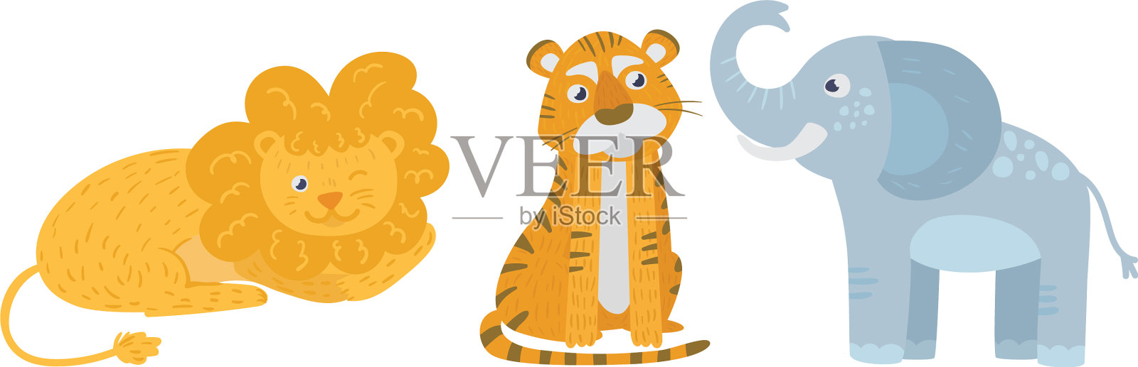 有狮子和条纹虎的非洲动物插画图片素材