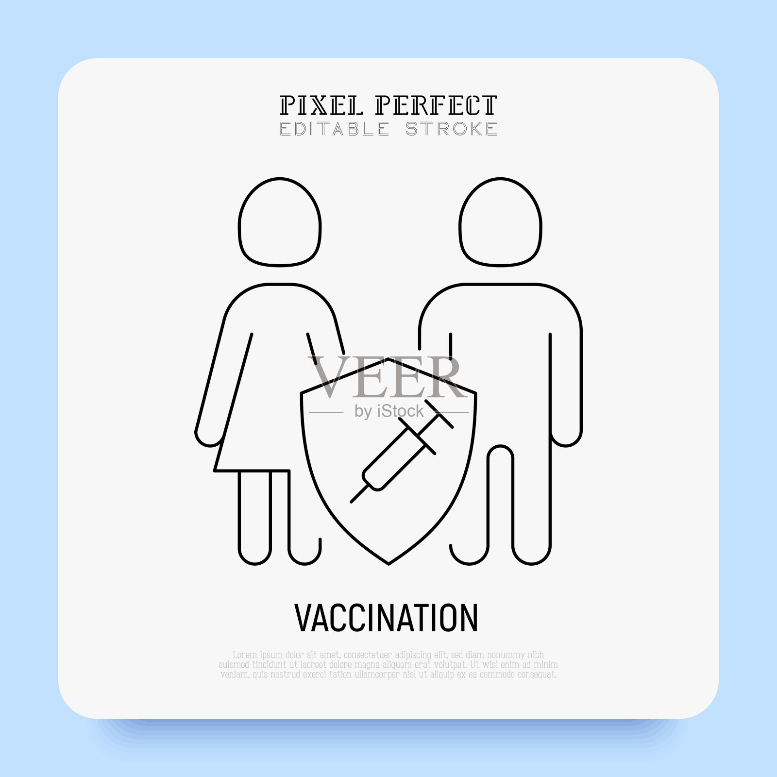 冠状病毒疫苗。病毒防护:用疫苗保护家庭。免疫系统,疫苗,抗生素。细线图标。像素完美,可编辑的笔触。矢量插图。插画图片素材