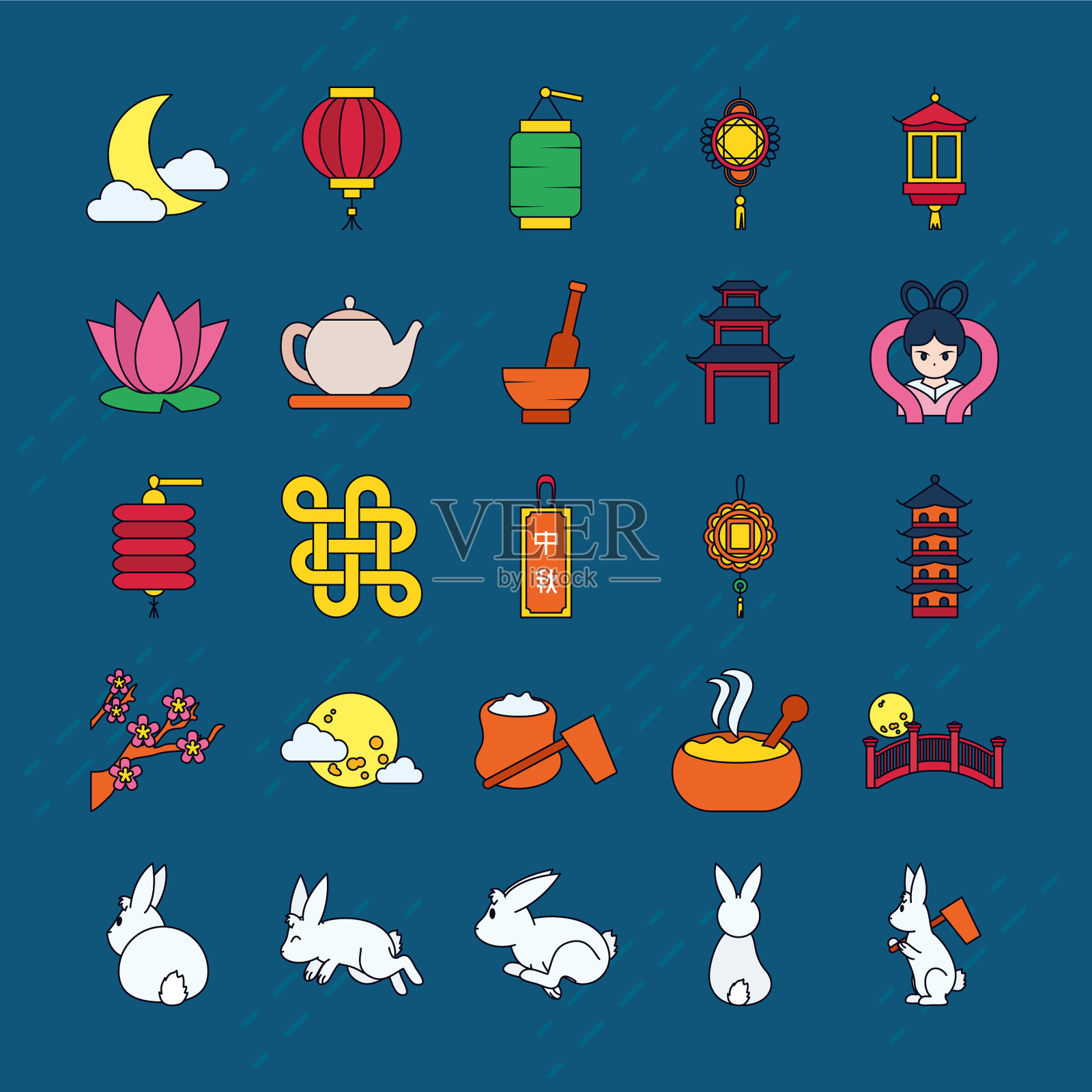 图标设置中秋和东方护身符线图标素材