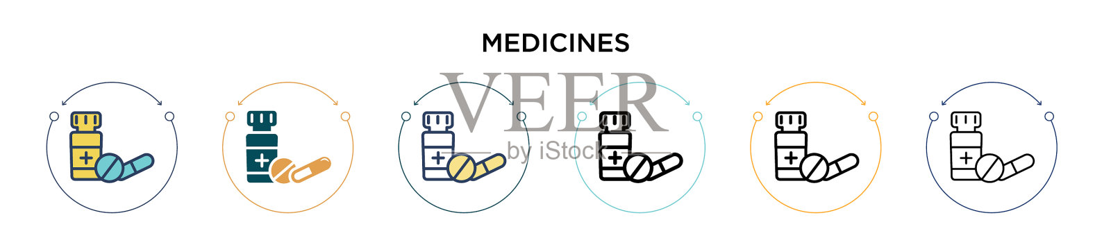 药品图标在填充细线轮廓和插画图片素材