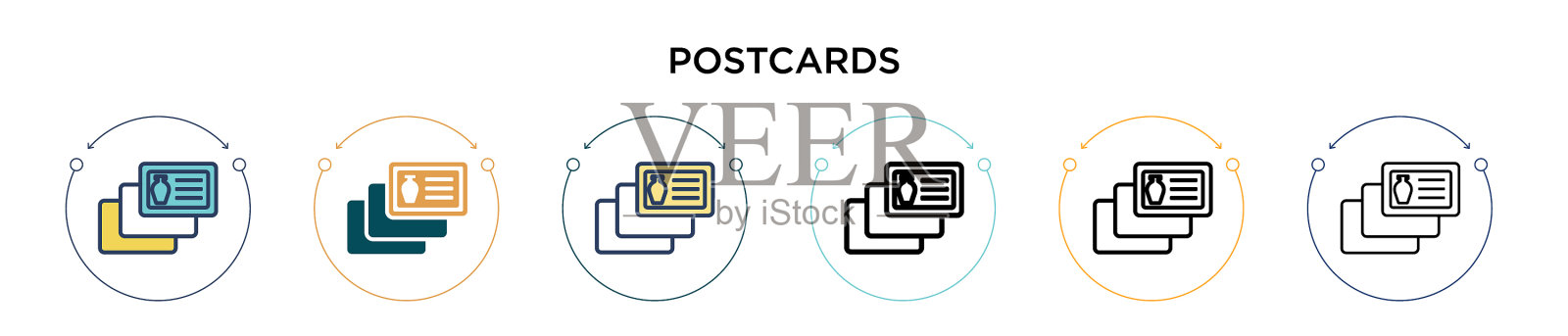 明信片图标在填充细线轮廓和图标素材