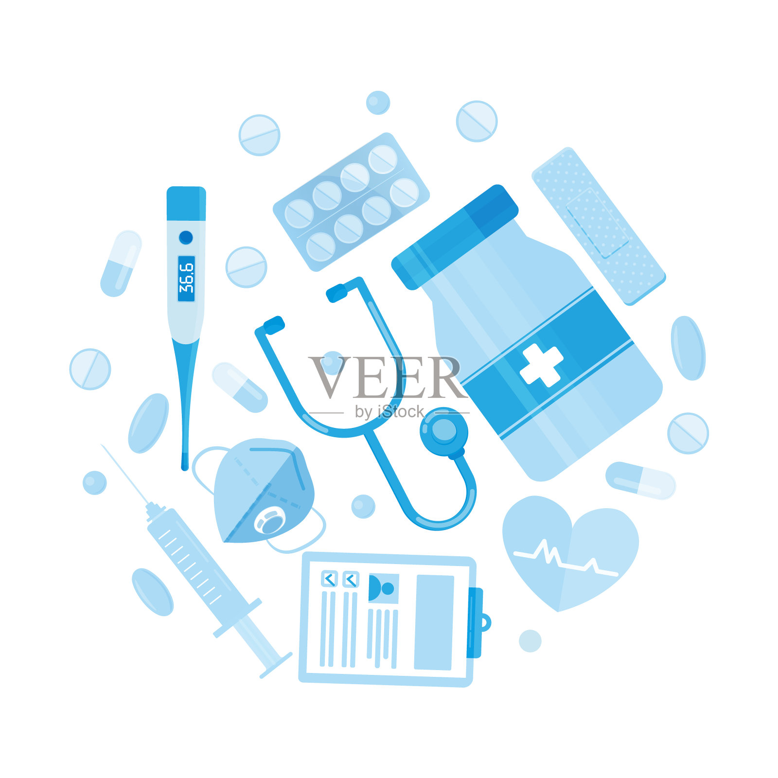 医疗用品排成一个圆圈,如口罩、注射器、病史、温度测量等插画图片素材