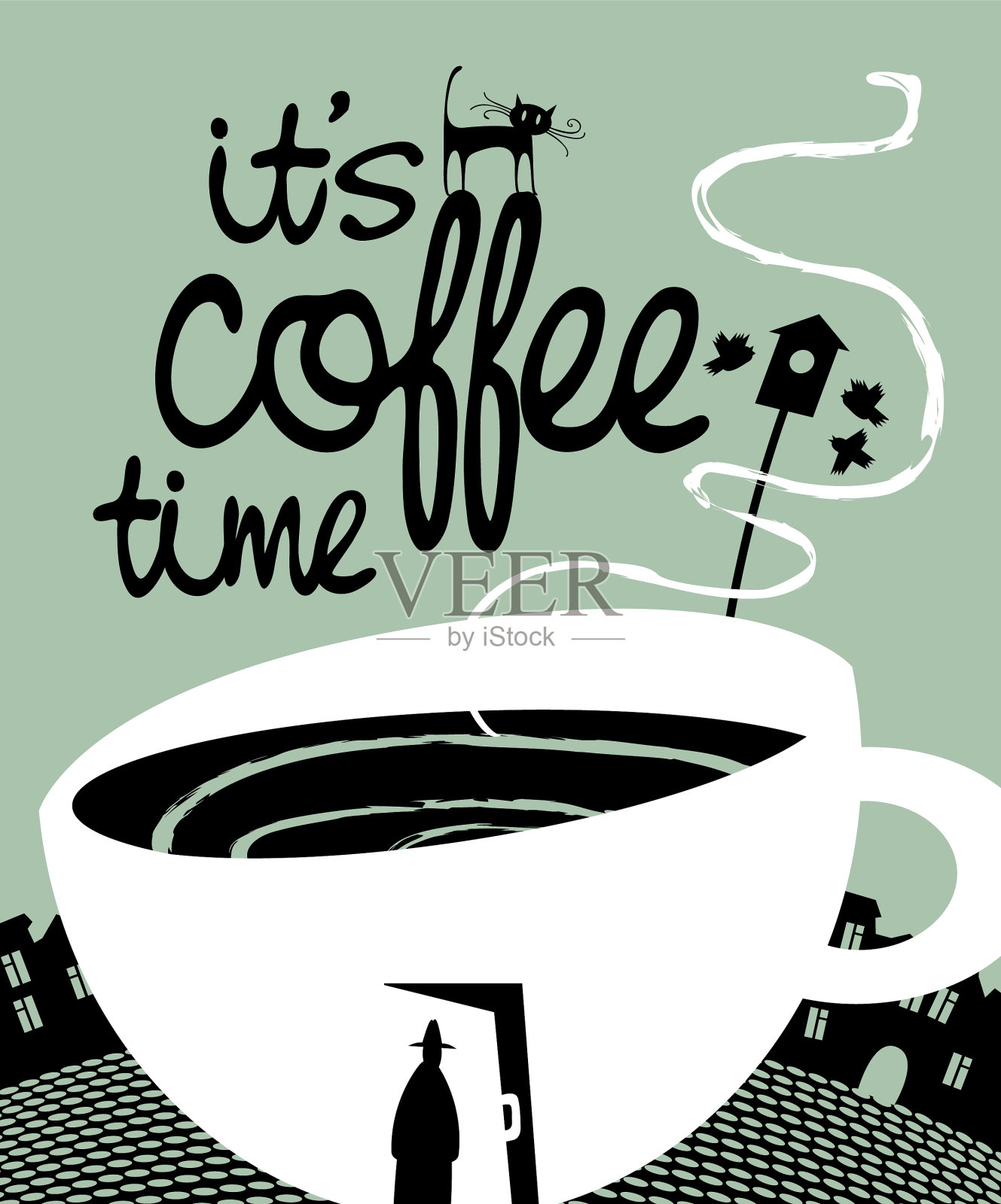 横幅与门在一个咖啡杯和路人插画图片素材