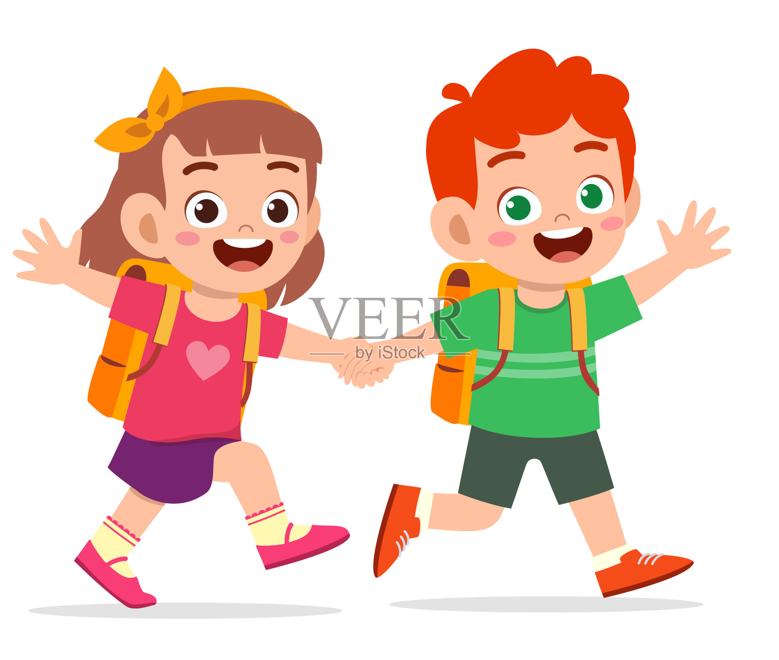 可爱的小男孩和小女孩手牵着手一起上学插画图片素材