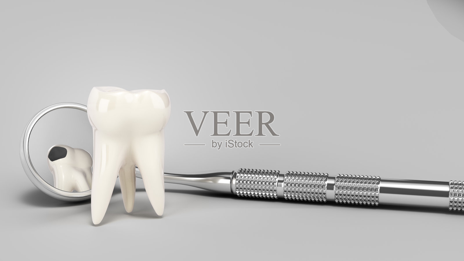 在灰色梯度上的牙科镜3d渲染隐藏牙齿损伤的概念照片摄影图片