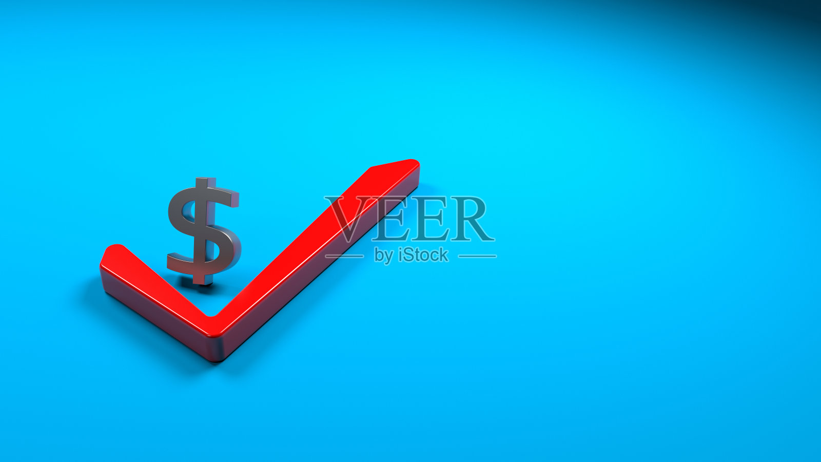 蓝色背景上的红色勾号符号和美元符号照片摄影图片