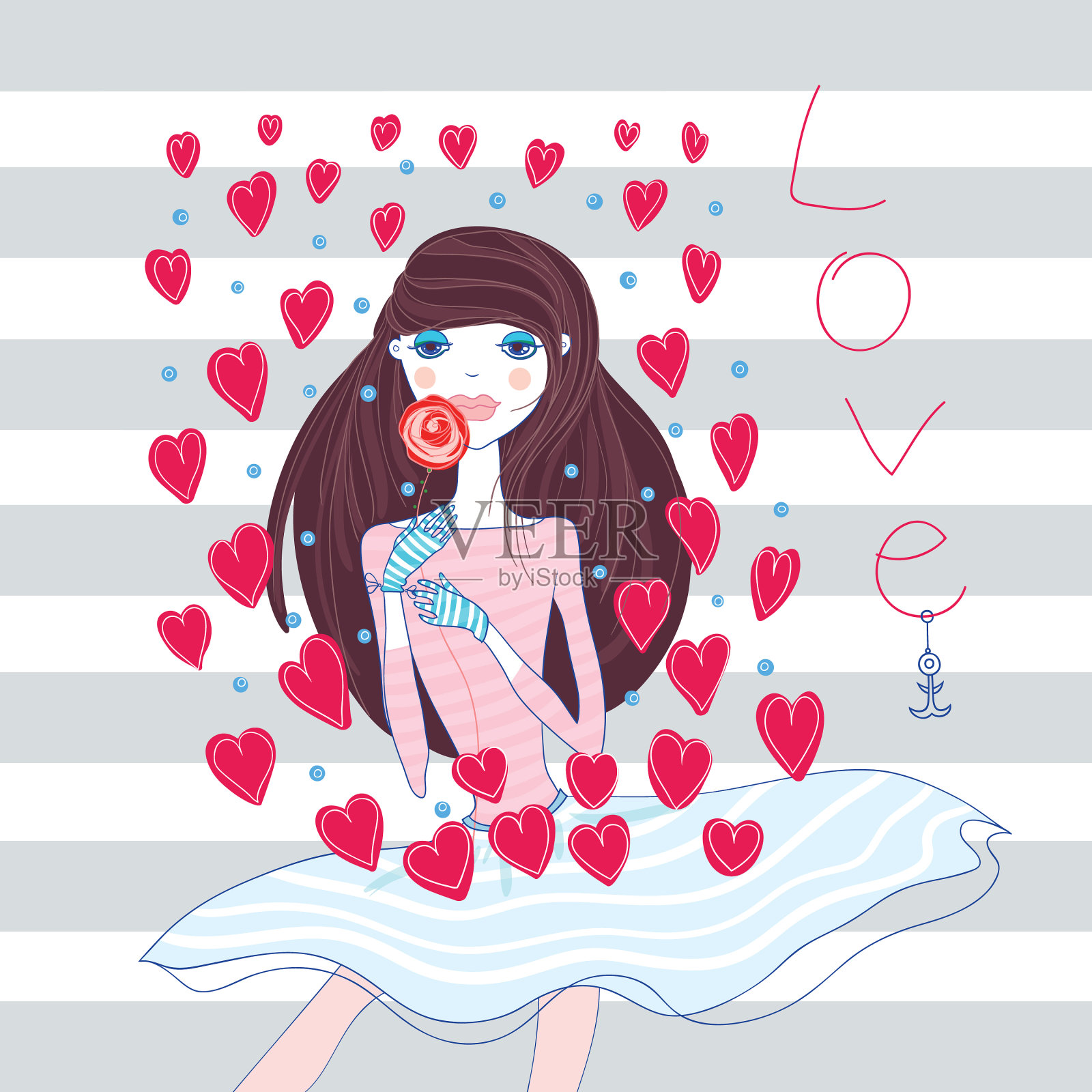 女孩和玫瑰插画图片素材