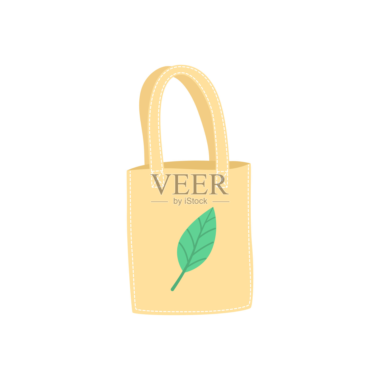 手绘环保袋用绿叶隔离在白色上,使用环保袋或纺织袋,不要使用塑料袋。现代矢量插图在一个平坦的风格。设计元素图片