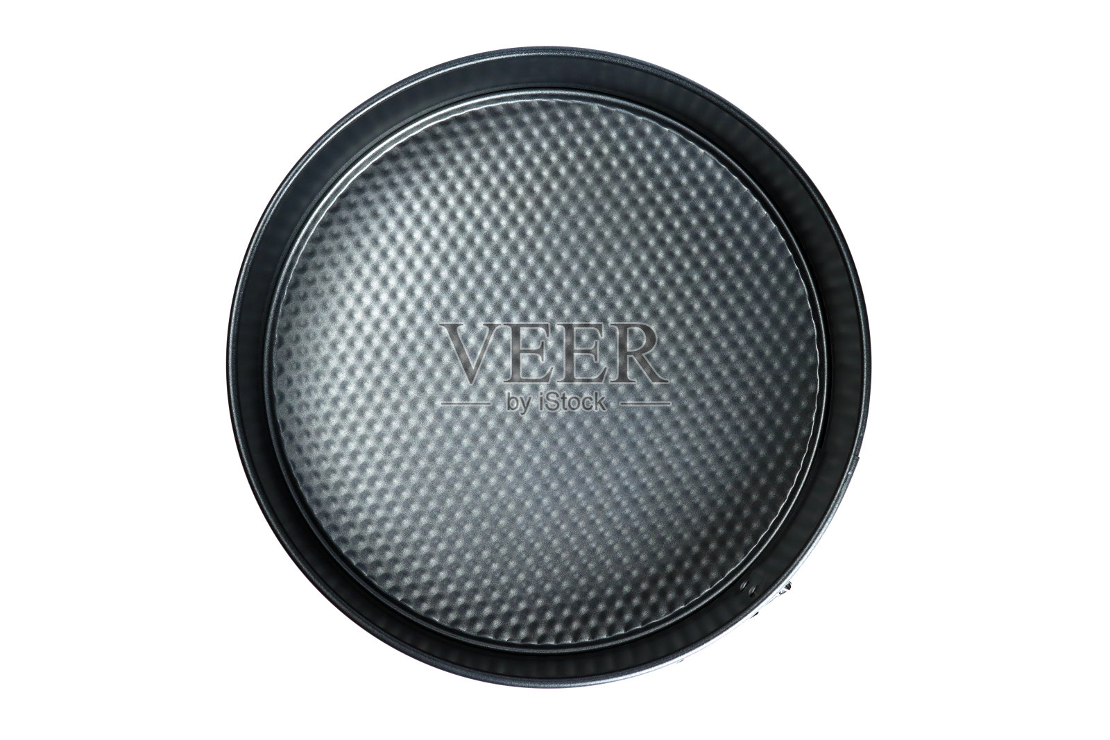 圆形金属烘烤盘与不粘涂层隔离在白色,俯视图照片摄影图片