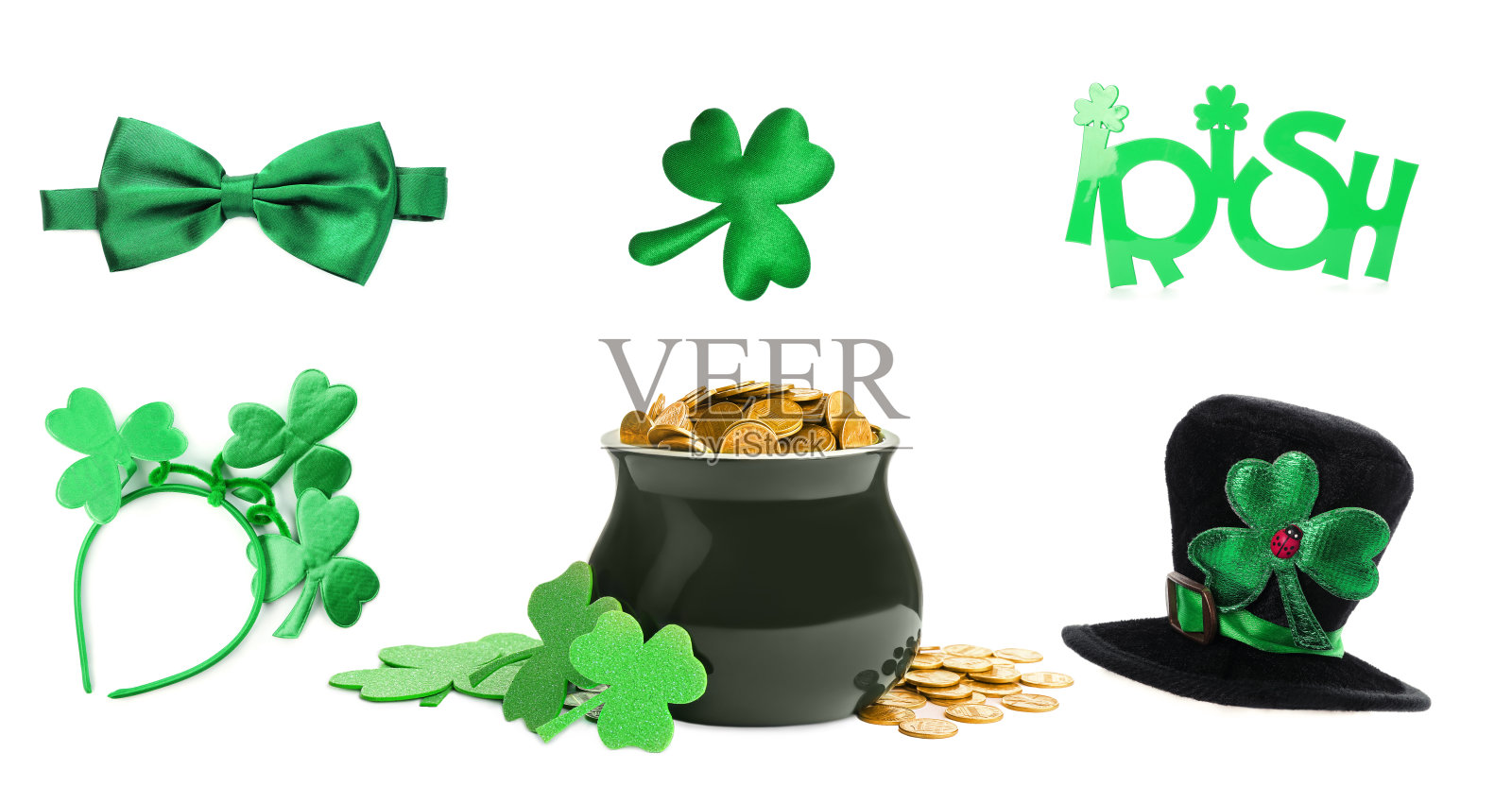 设置与圣帕特里克节庆祝传统项目在白色背景。旗帜设计照片摄影图片