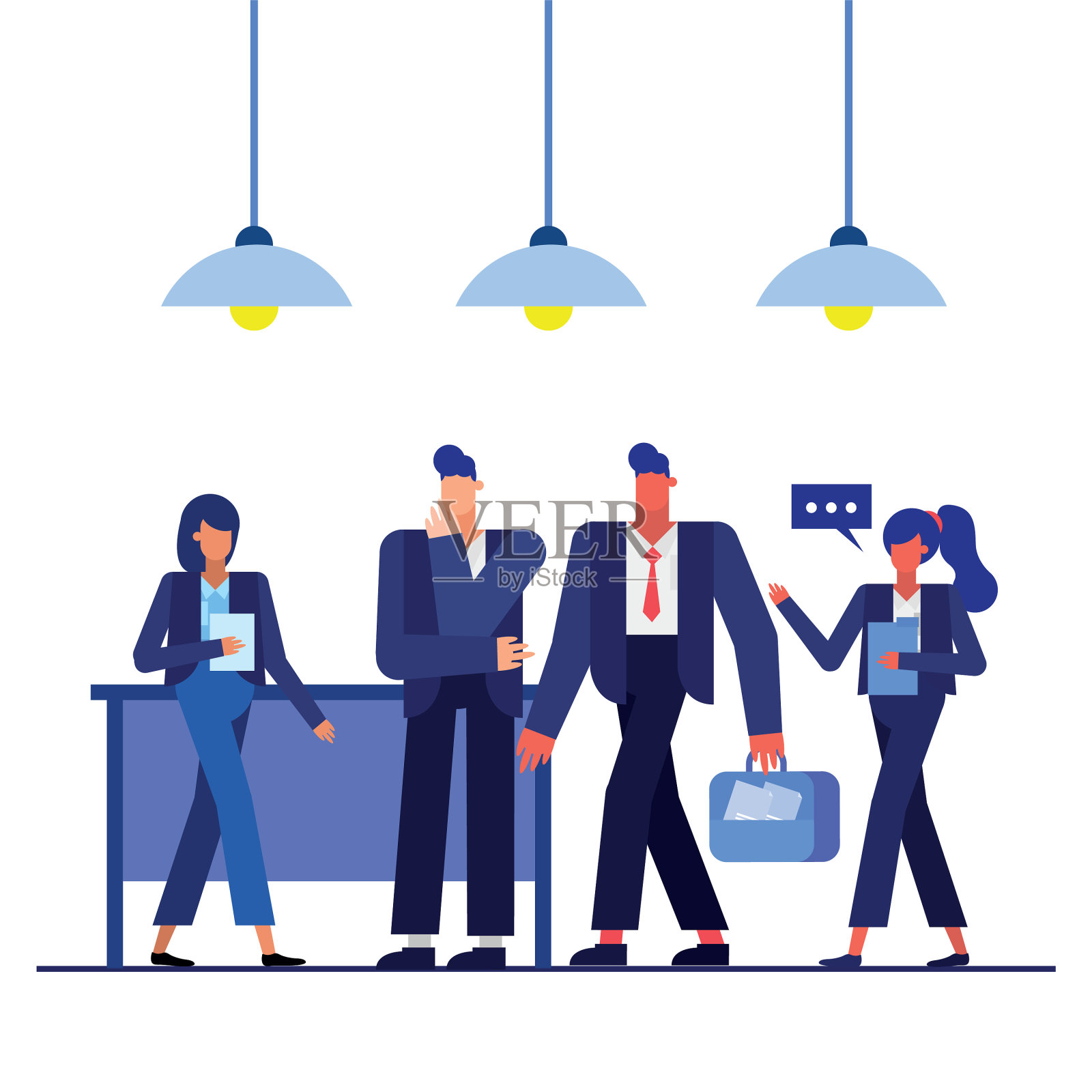 办公室里提着行李箱的男男女女插画图片素材