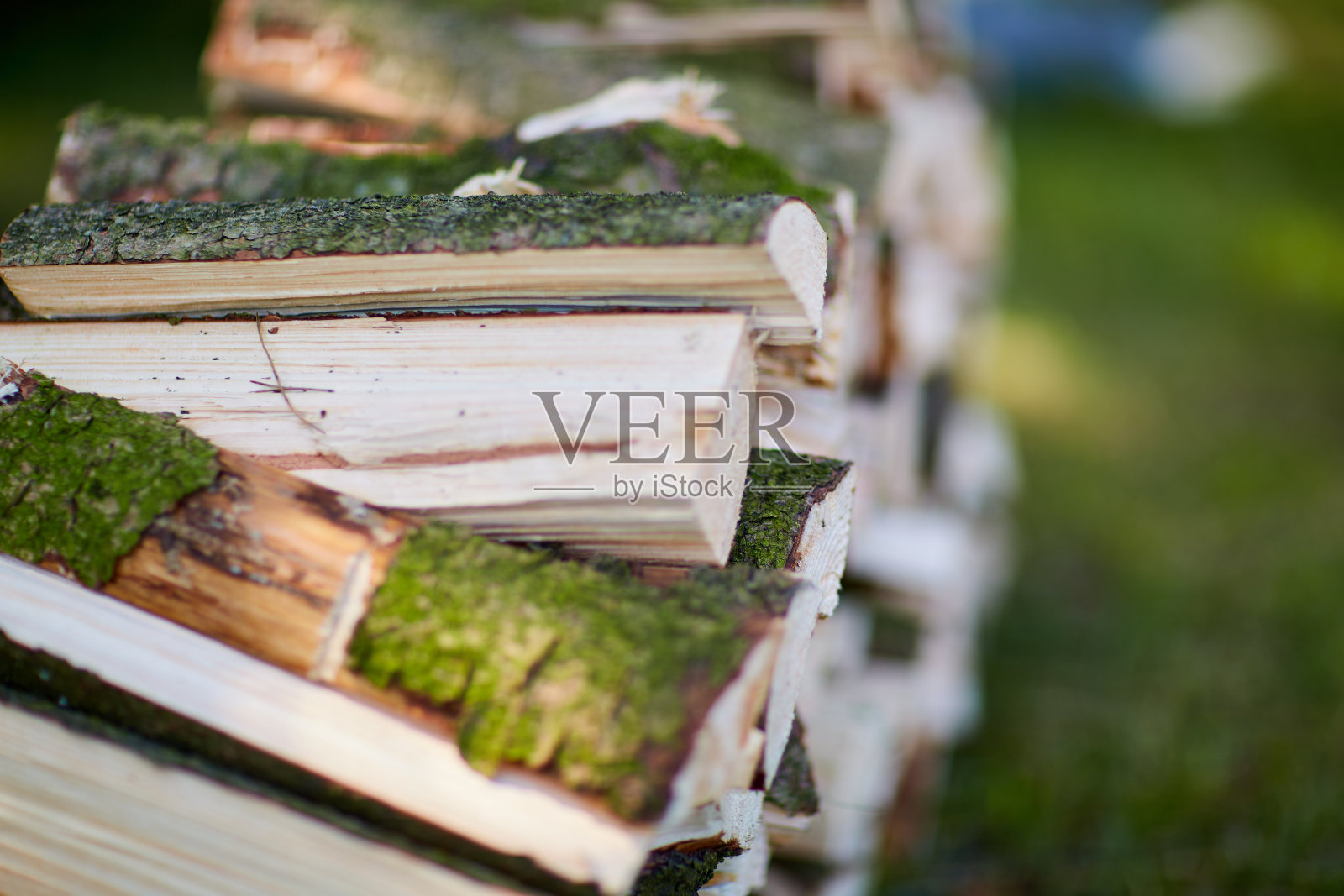 靠近在户外的一堆新鲜的木柴照片摄影图片