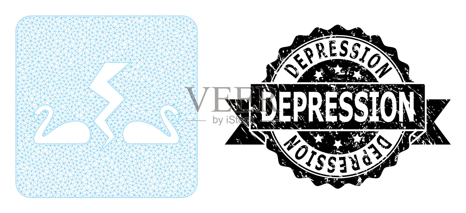 Grunge萧条缎带密封和网格线框插画图片素材