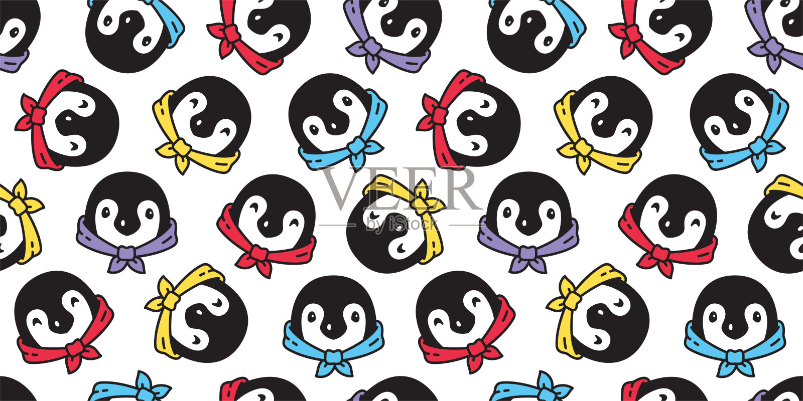 企鹅无缝图案鸟向量脸头巾卡通涂鸦孤立重复墙纸瓷砖背景插图涂鸦设计插画图片素材