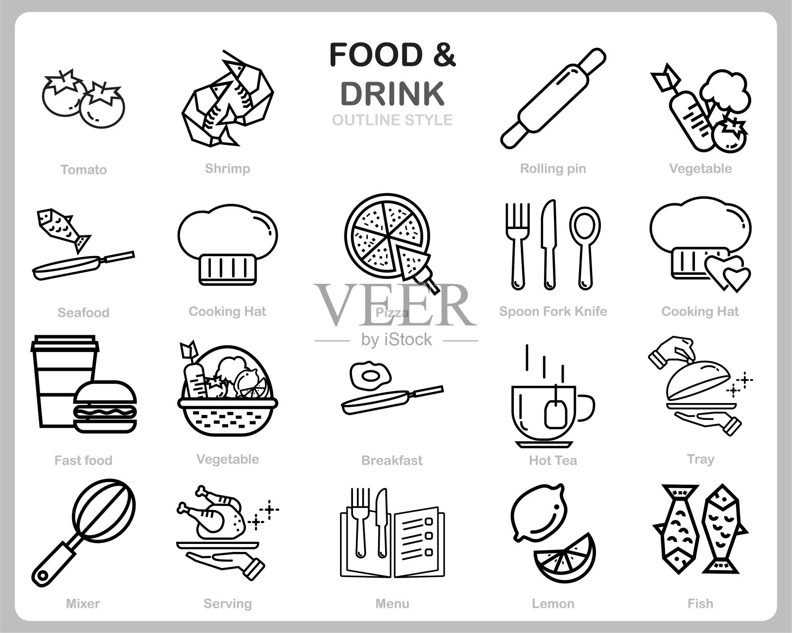 为网站,文件,海报设计,印刷,应用设置食品和饮料图标。食品和饮料概念图标轮廓风格。图标素材