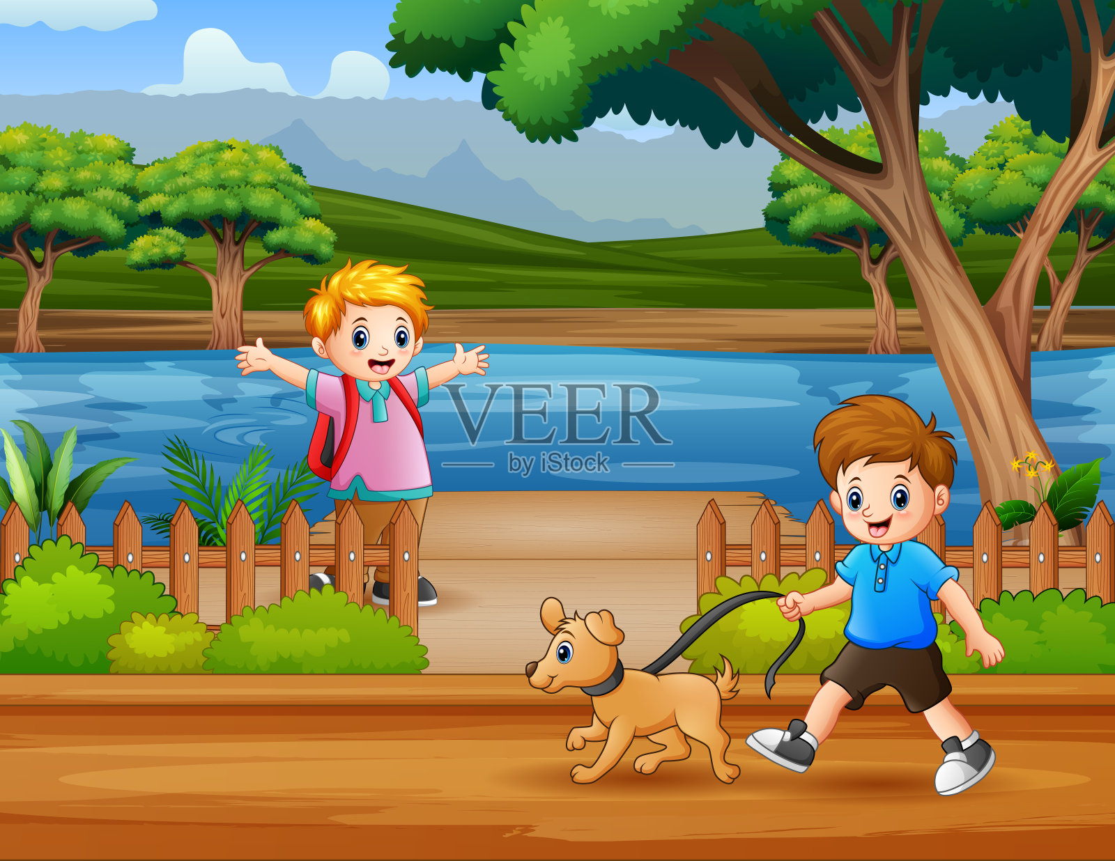 快乐的男孩们在河边散步插画图片素材