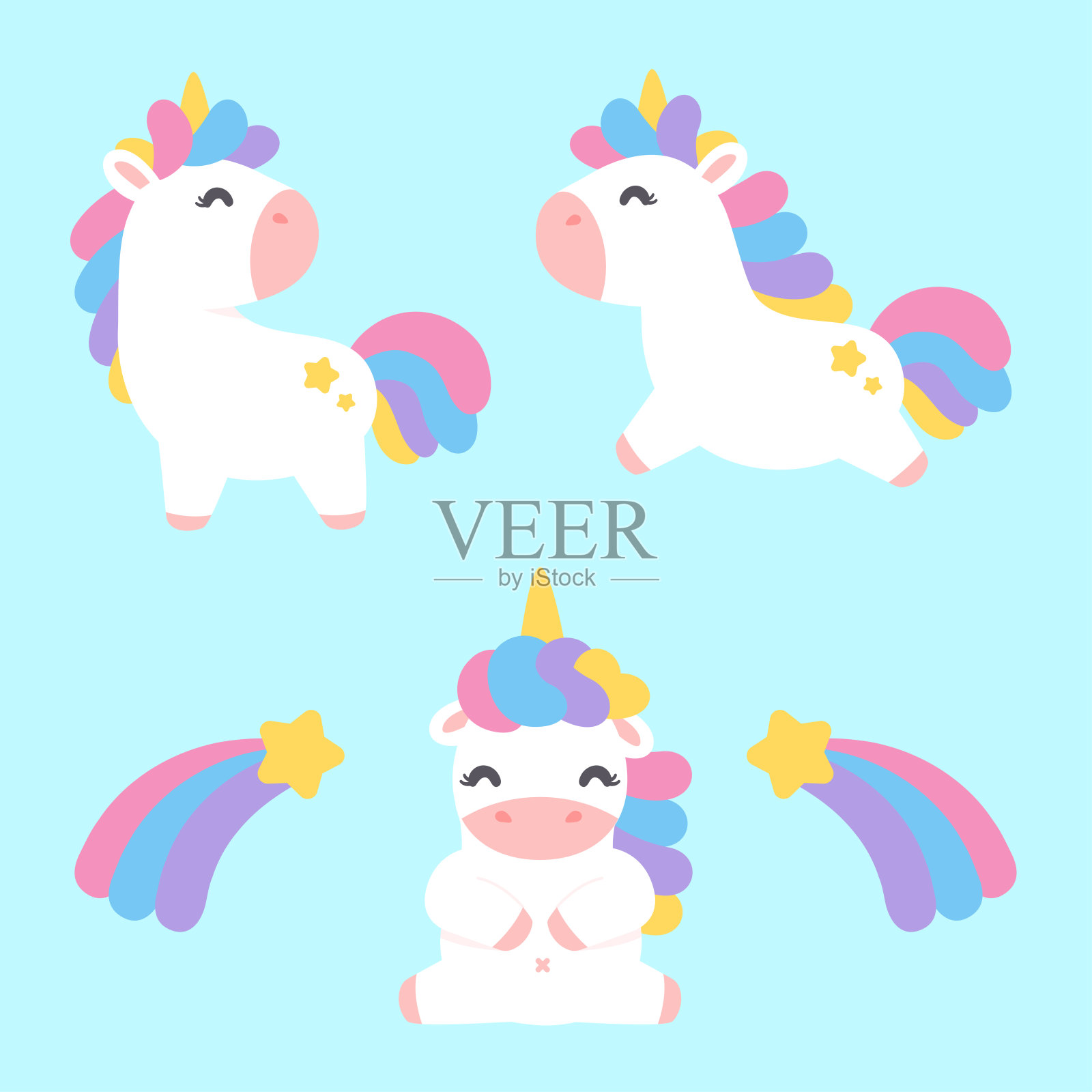 可爱的独角兽马卡通设置与彩虹柔和的流星孤立的背景插画图片素材