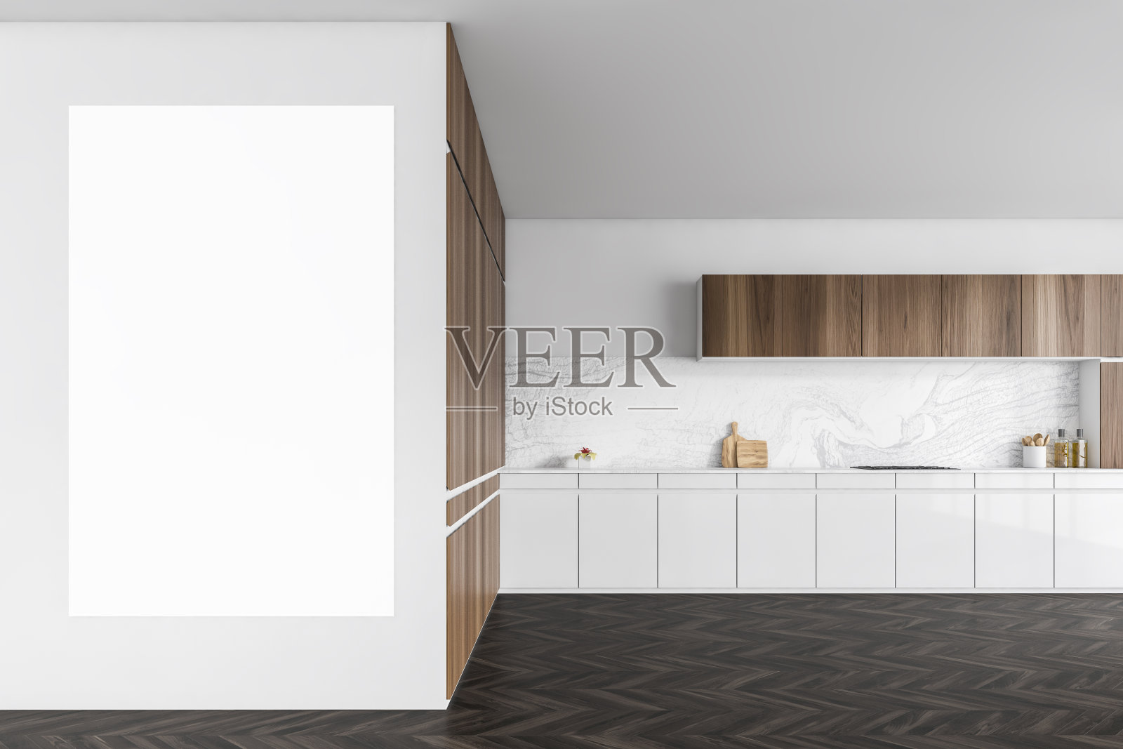 白色的帆布模型和木质的厨房拼花地板照片摄影图片