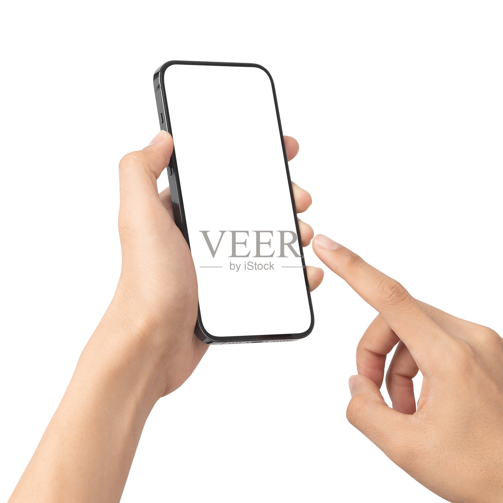 男性手握黑色智能手机,触摸空白屏幕隔离在白色背景与剪辑路径照片摄影图片