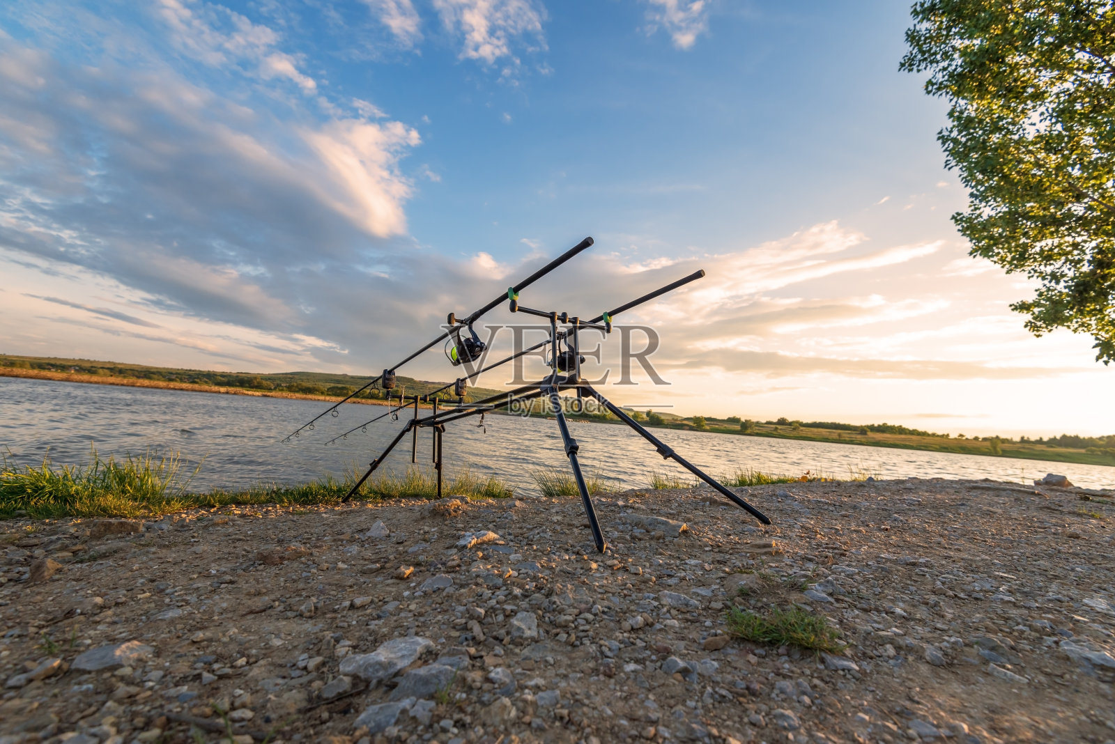 钓鱼的冒险。日落钓鲤鱼。照片摄影图片
