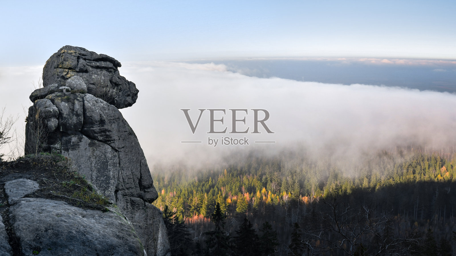 Szczeliniec Wielki,这是从沙岩中看到的雾气中的山谷。照片摄影图片