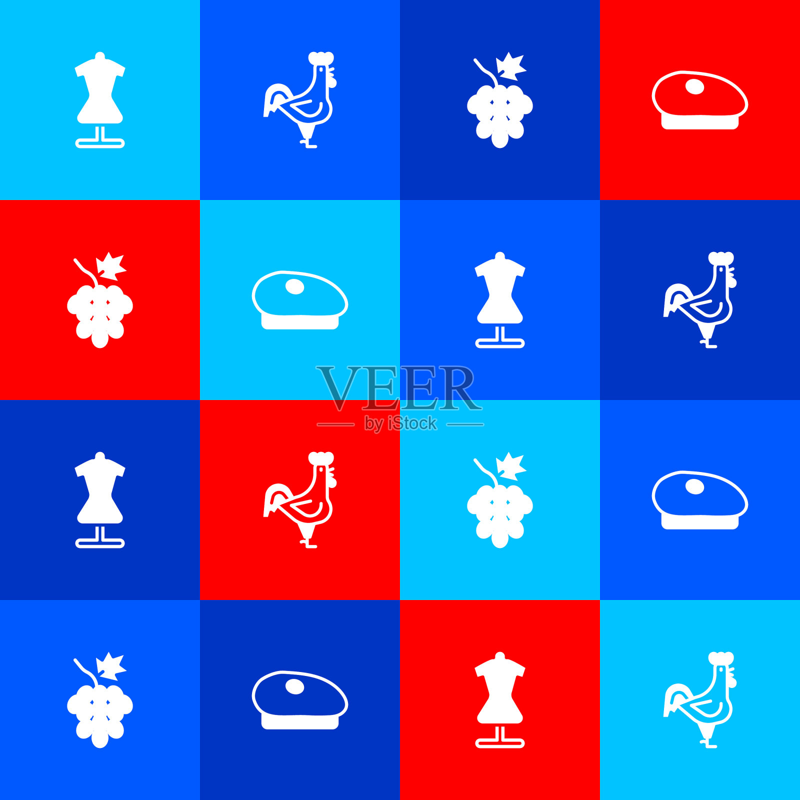 设置人体模型法国公鸡葡萄水果和图标素材