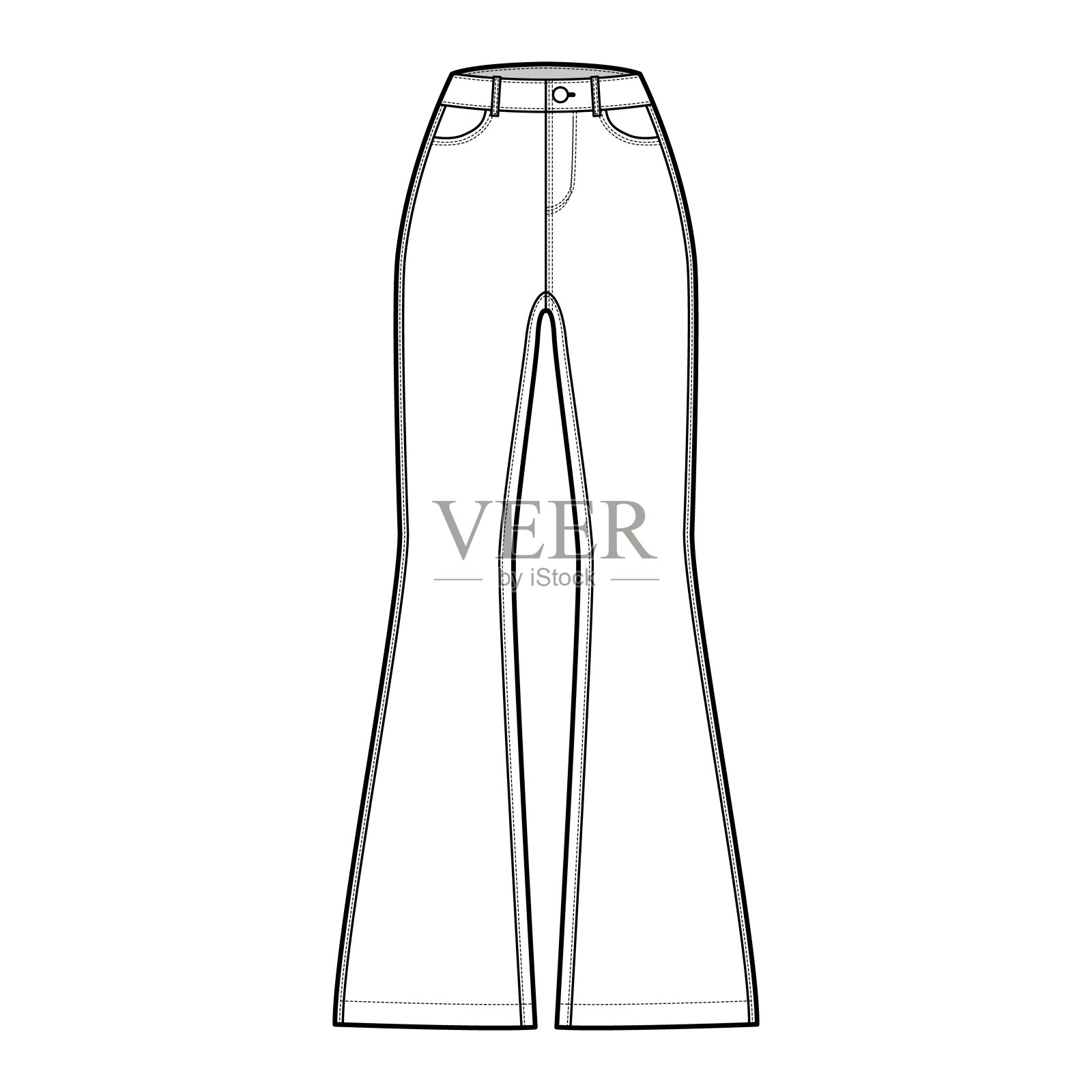 牛仔裤喇叭裤牛仔裤技术时尚插图,全长,正常腰,高腰,5口袋插画图片素材