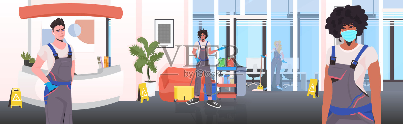 专业保洁团队进行保洁插画图片素材