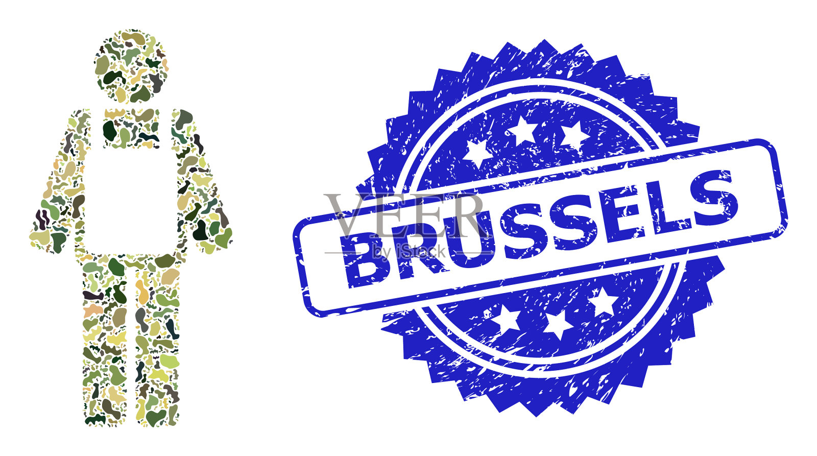 垃圾布鲁塞尔印章和军用迷彩服插画图片素材