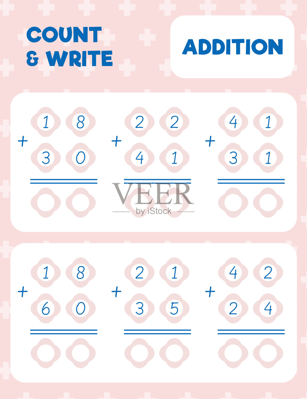 数学练习题打印页。两位数加法。插画图片素材