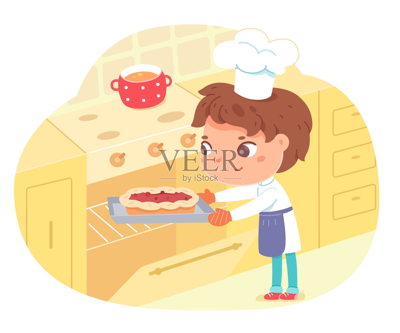 小男孩在家用烤箱烤馅饼。快乐的孩子在帽子和围裙做甜的食物,把烹饪矢量插图。现代厨房室内设计以炉具为背景设计元素图片