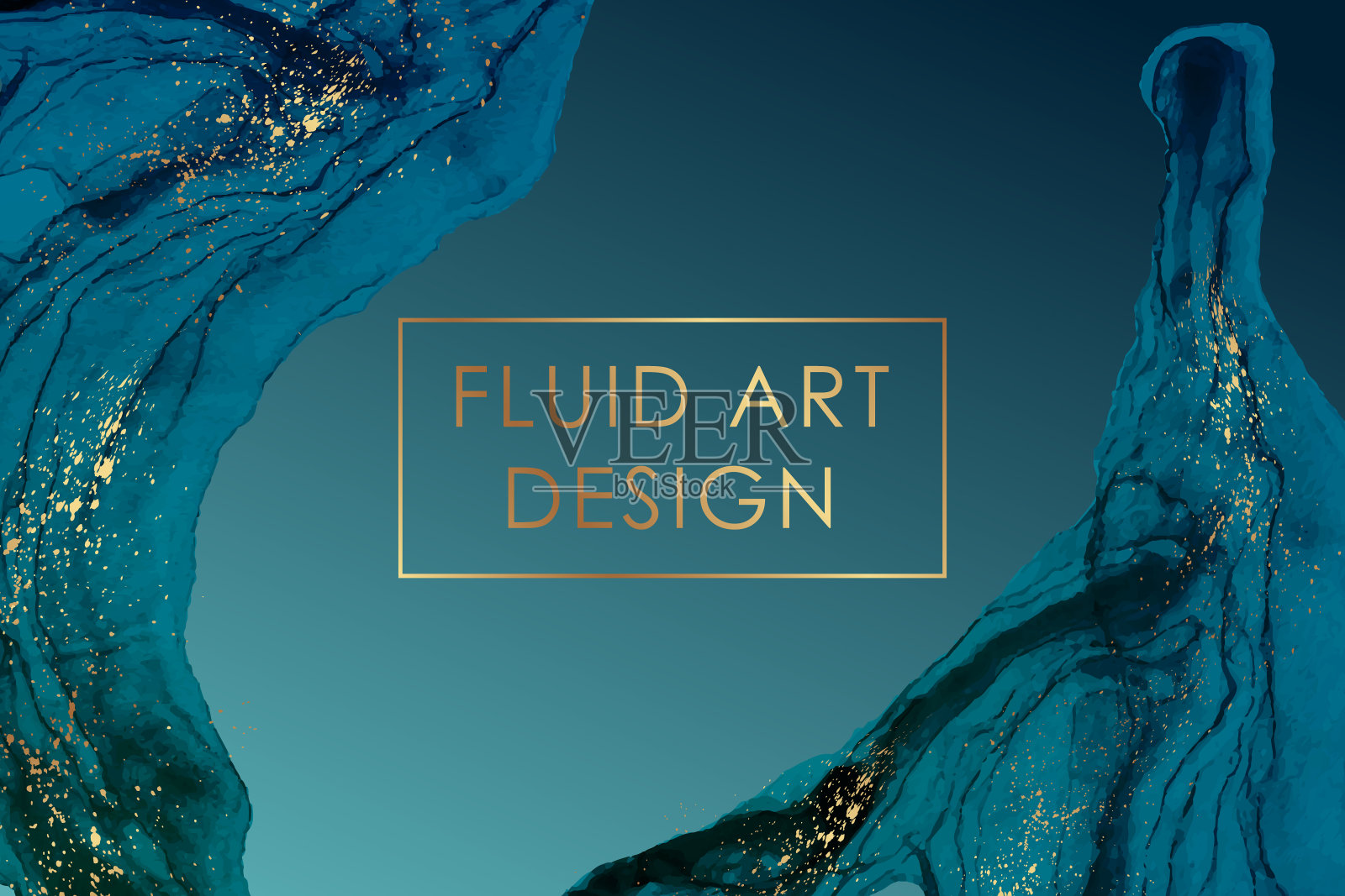 背景与蓝色水彩波浪或流动艺术酒精墨水风格与金色飞溅。插画图片素材