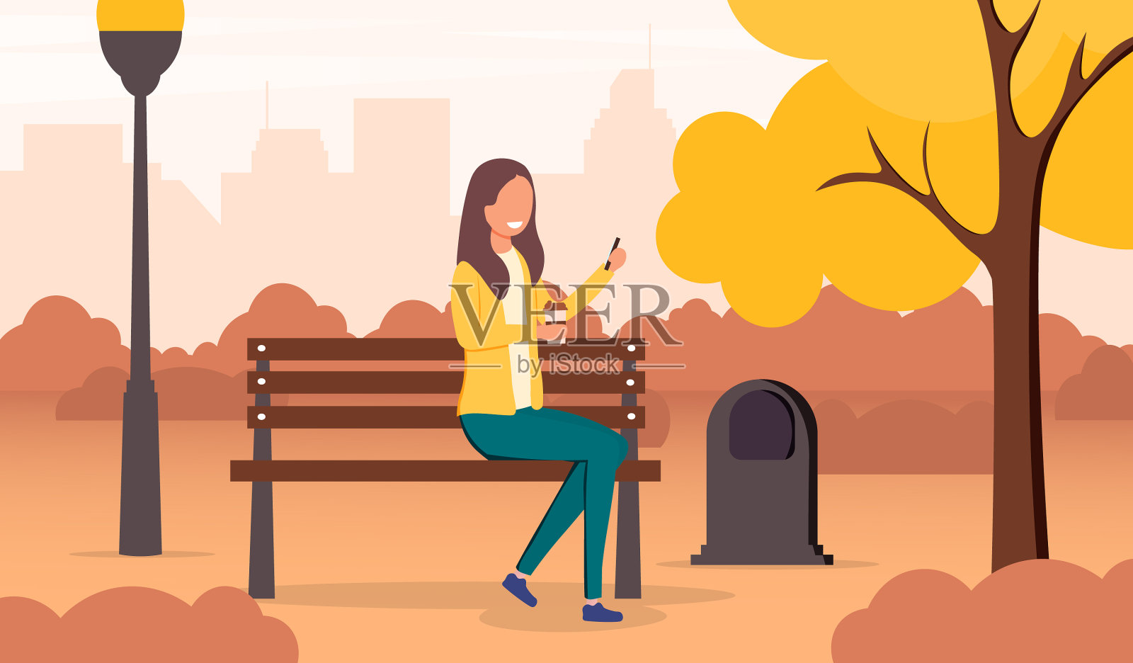 年轻女子在秋天的公园里放松插画图片素材