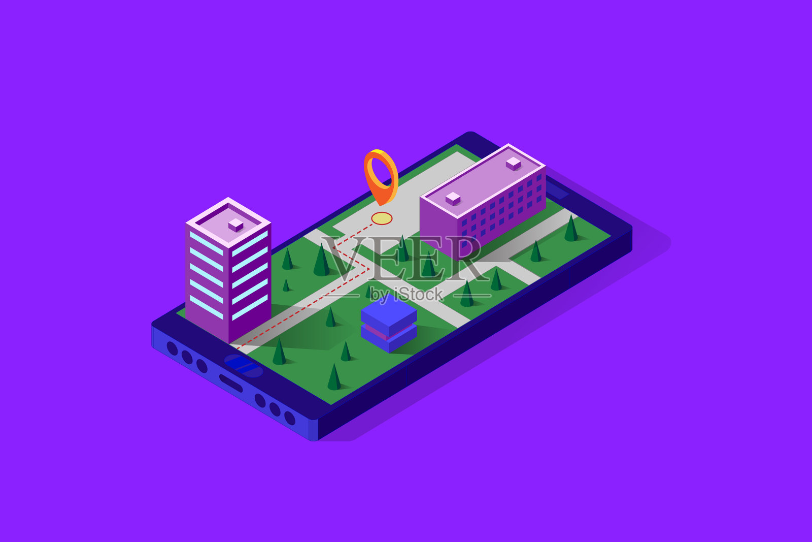 等距城市与道路,建筑和树木插画图片素材