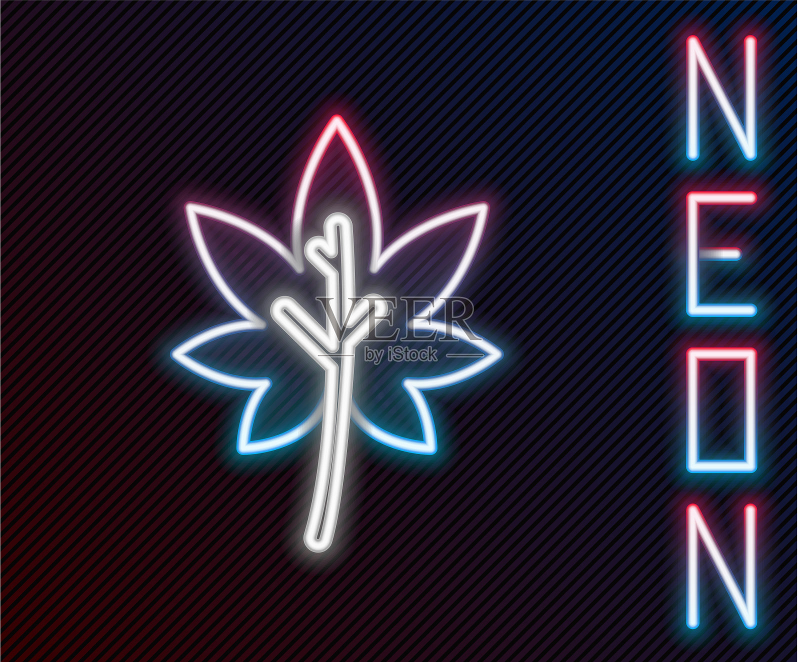 发光的霓虹灯线叶子图标孤立在黑色插画图片素材