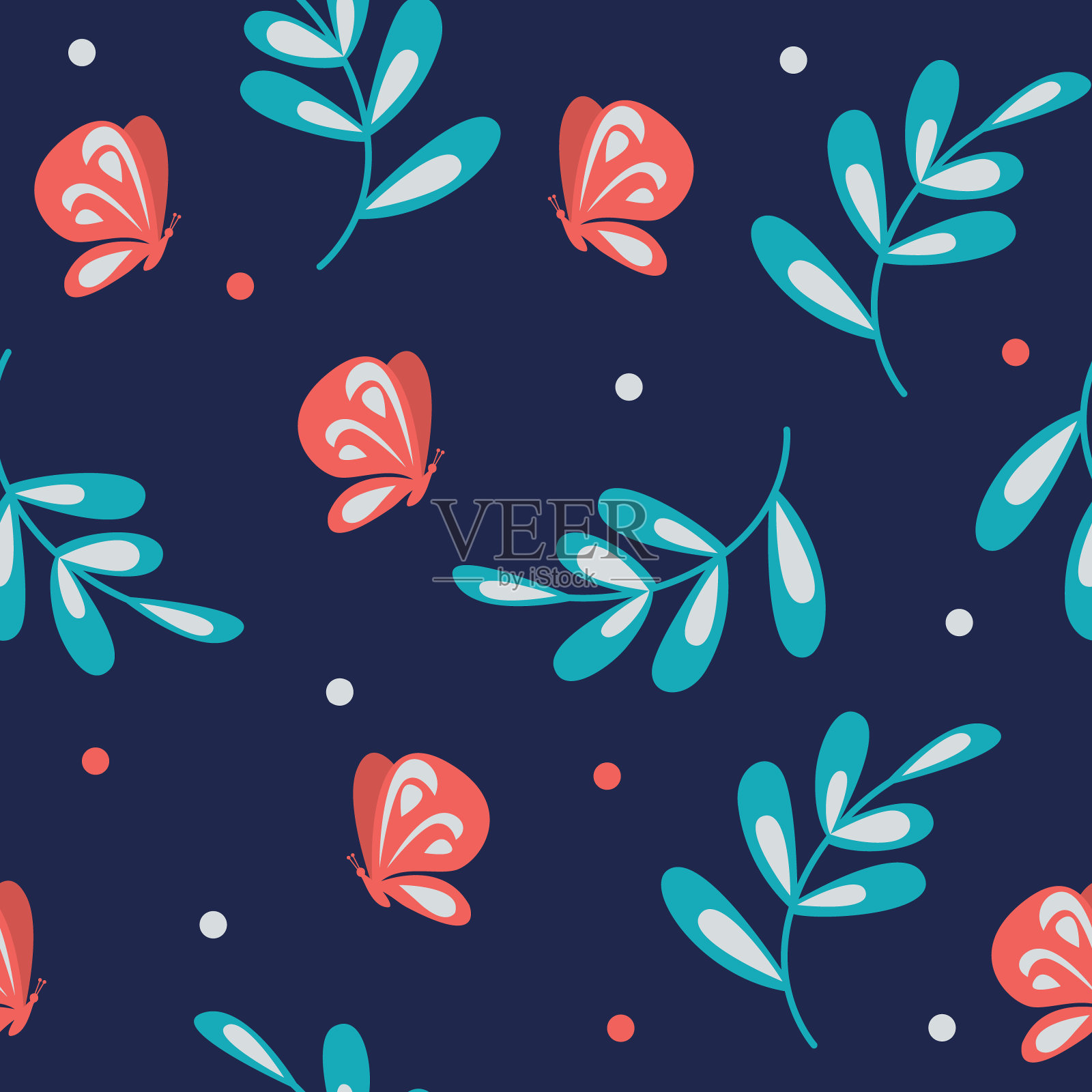 图案与红色的蝴蝶和叶子在蓝色的背景。背景包装设计,壁纸和装饰。插画图片素材