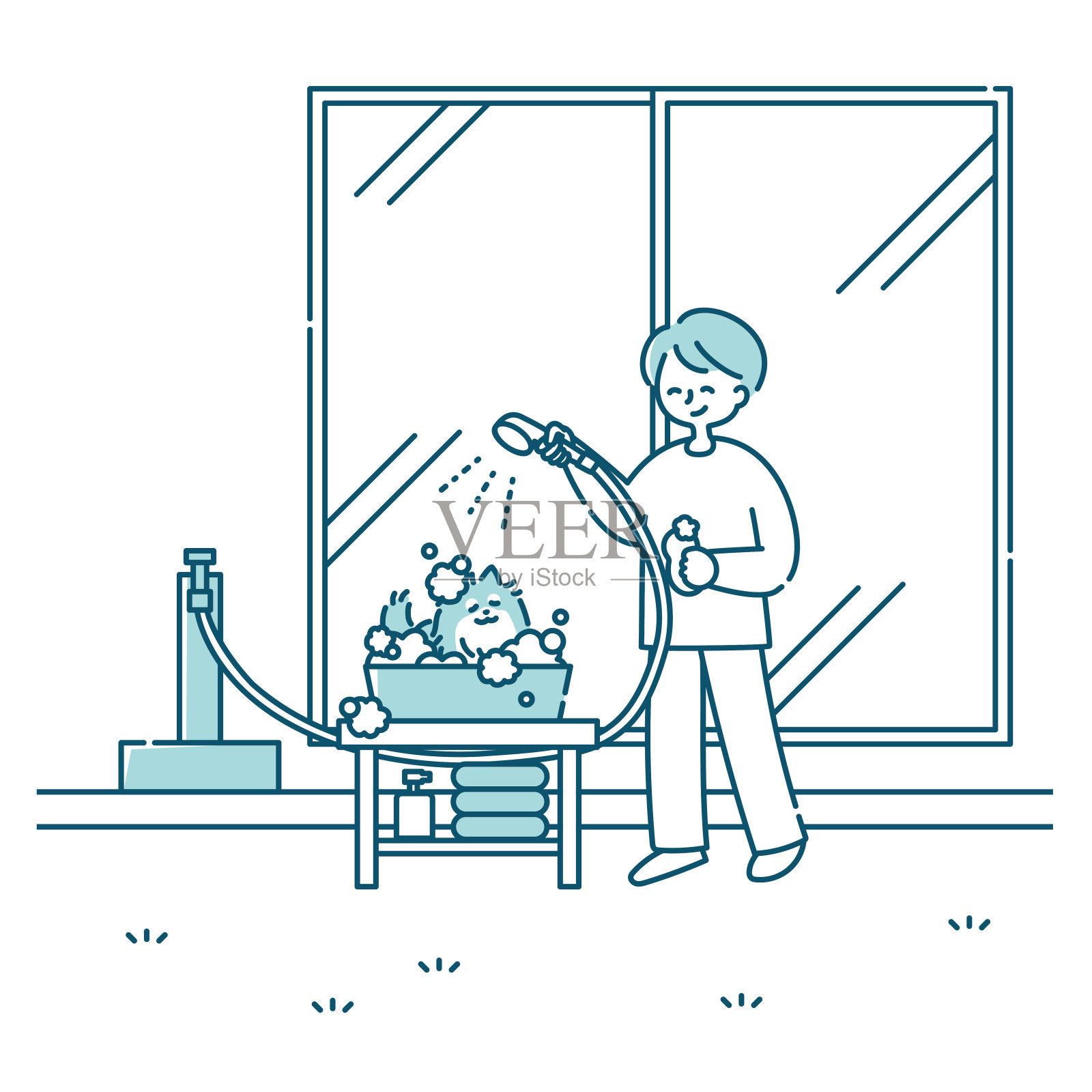 一个人在院子里给狗洗澡插画图片素材