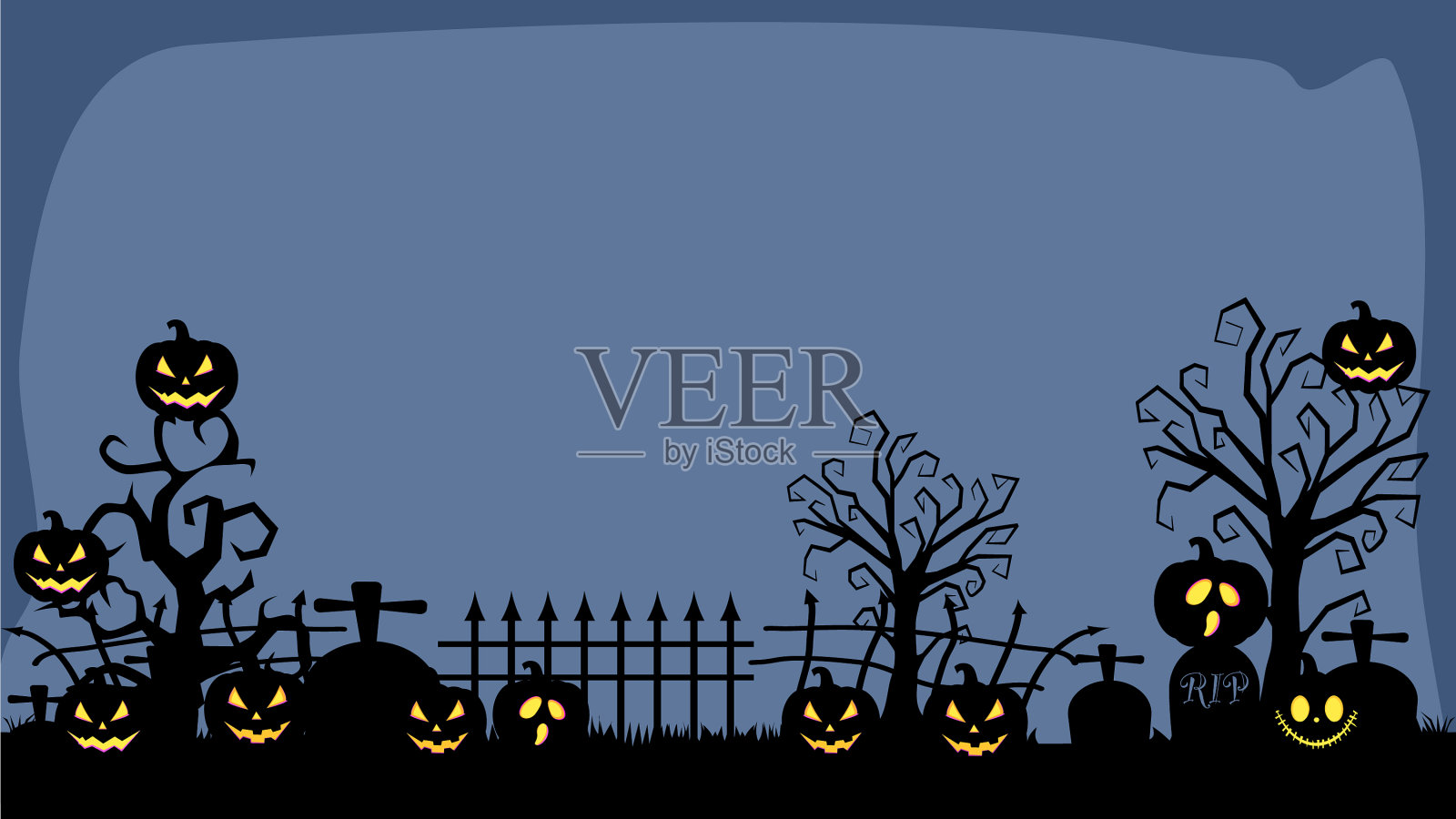 黑色的南瓜剪影在墓地上插画图片素材